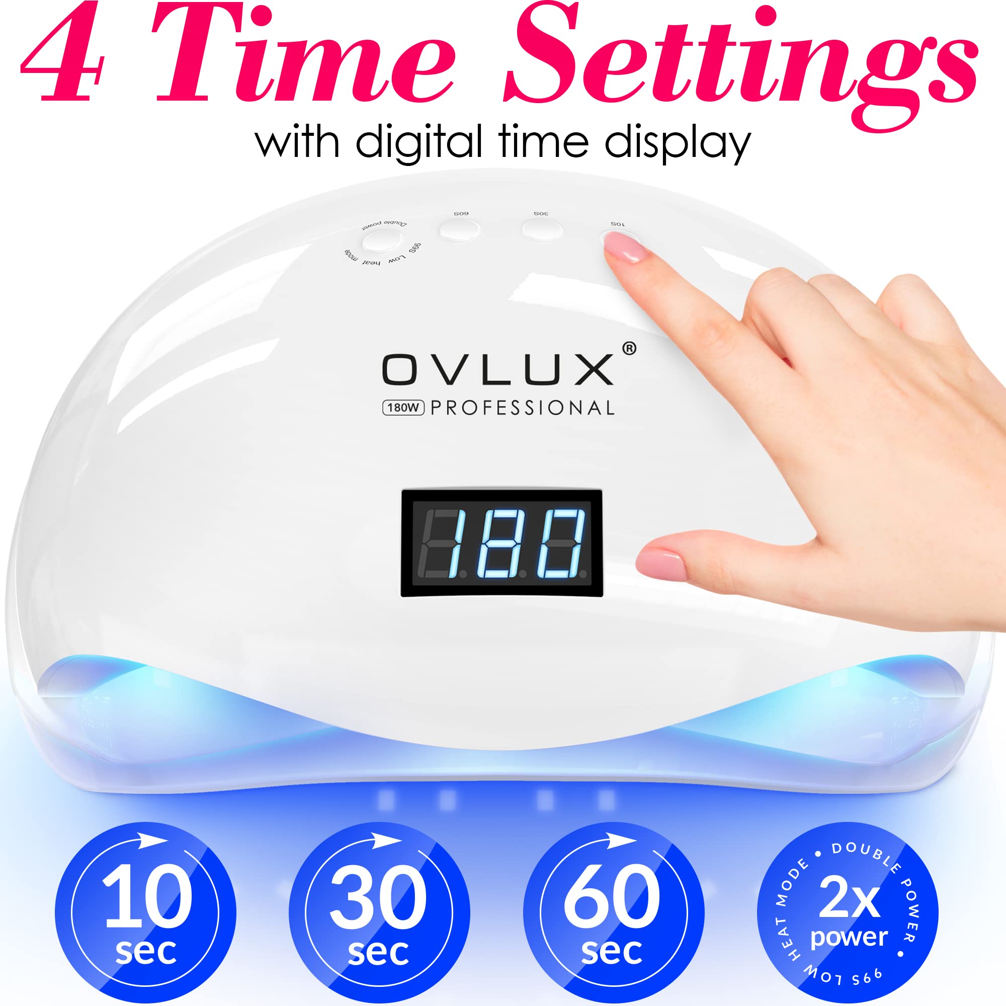 OVLUX UV LED Nail Lamp 180W, Professional Nail Dryer Machine, Best Gel UV LED Nail Lamp for Fingernail & Toenail Gel Based Polishes β Nail Curing Light with 57 pcs LEDs, 4 Timer Settings