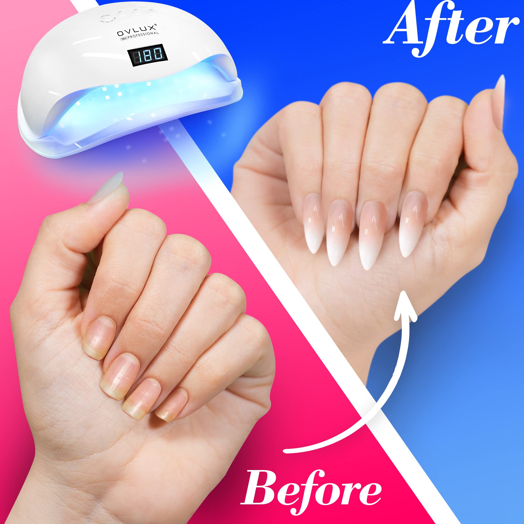 OVLUX UV LED Nail Lamp 180W, Professional Nail Dryer Machine, Best Gel UV LED Nail Lamp for Fingernail & Toenail Gel Based Polishes β Nail Curing Light with 57 pcs LEDs, 4 Timer Settings