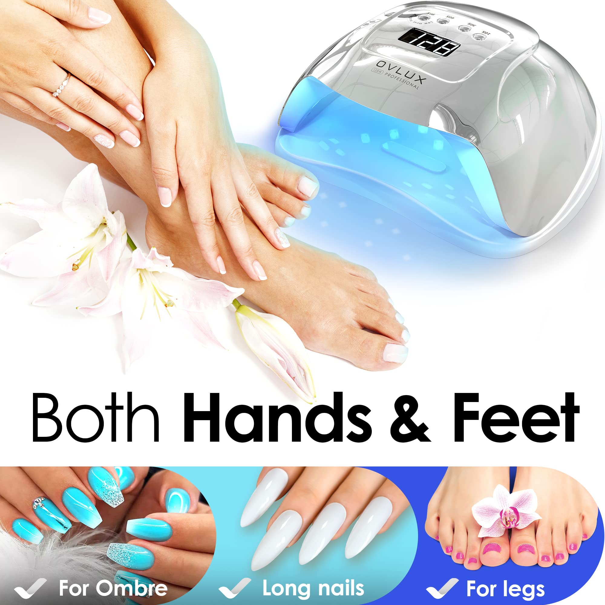 UV LED Nail Lamp, OVLUX 128W Professional Gel polish uv led nail dryer lamp light for Gel Nails Polish Manicure Professional Salon Curing Lamp with Extra-Long Cable and Automatic Sensor (Silver)