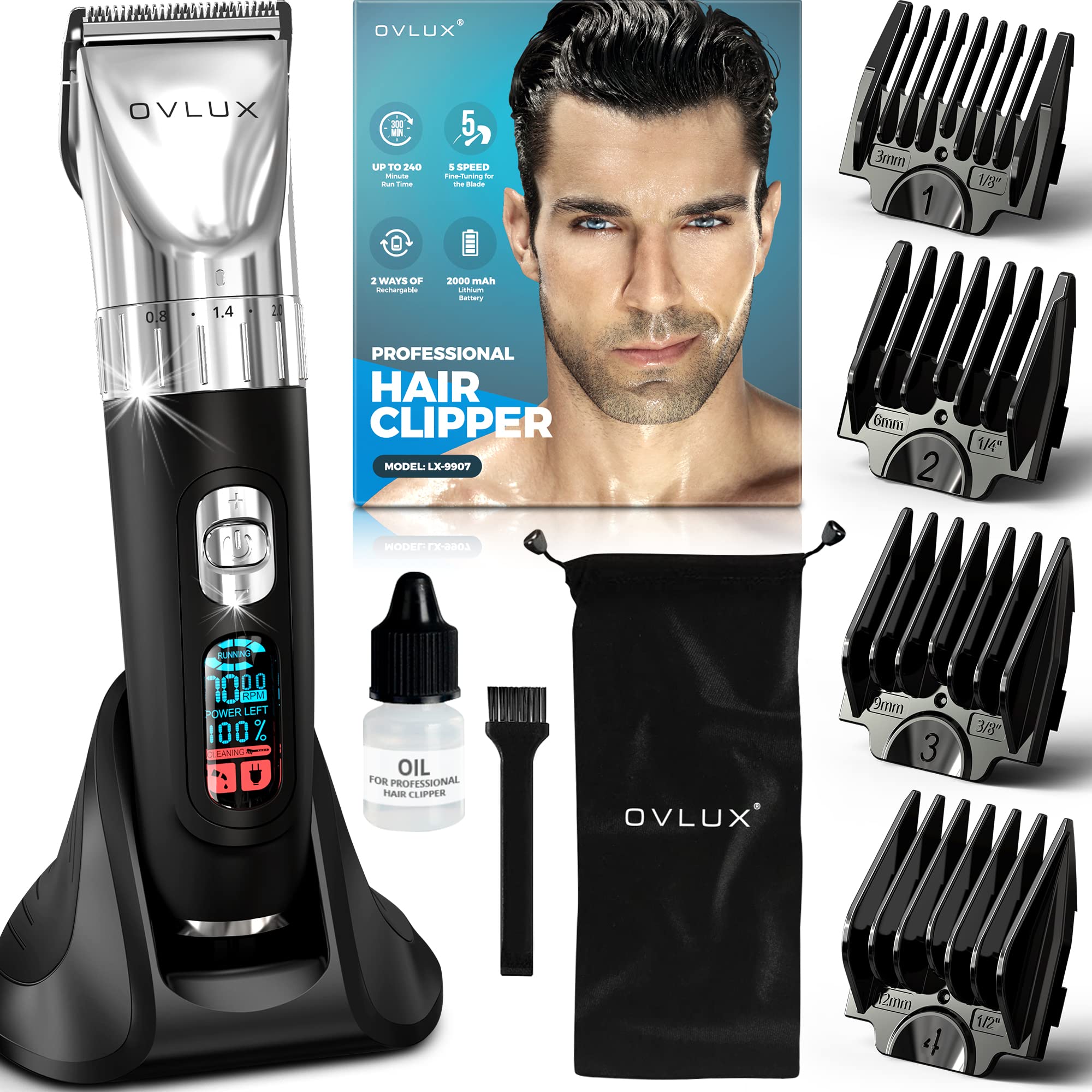 OVLUX Advanced Hair Clipper Kit - Versatile Corded/Cordless Use, Ergonomic with LED Display, Sharp Stainless Steel Blades, Perfect for Men’s Hair & Beard Styling, includes 4 Guide Combs & Accessories
