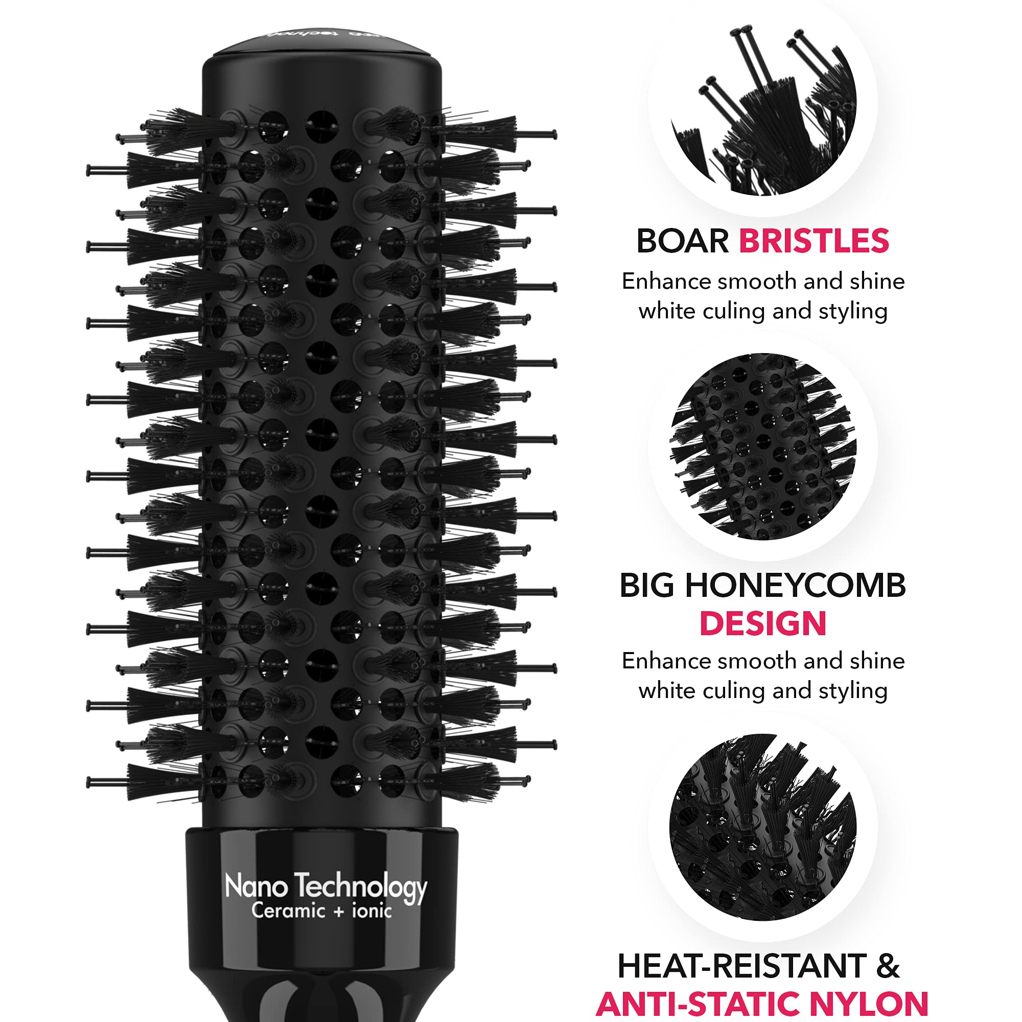 OVLUX Round Brush Professional - Nano Thermal Ceramic & Ionic Tech Hair Brush, Smart Barrel Brush with Nylon & Boar Bristles for creating volume and shine, round hair brush for blow drying (1.3inch)