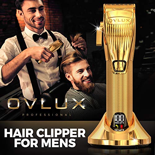 OVLUX Hair Clippers for Men Professional Clippers for Hair Cutting with Clipper Guards Full-Metal Body and Cordless Beard Grooming Kit with Charging Base, Hair Clipper for Barbers, Gifts for Men Gold