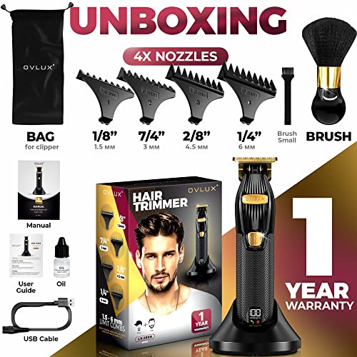 Professional Cordless Hair Trimmer for Men by OVLUX - High-Precision, Long-Lasting Battery, LED Display, includes 4 Guide Combs & Accessories - Ideal for Barbers & Home Grooming