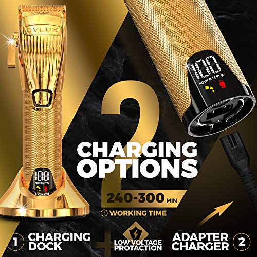 OVLUX Hair Clippers for Men Professional Clippers for Hair Cutting with Clipper Guards Full-Metal Body and Cordless Beard Grooming Kit with Charging Base, Hair Clipper for Barbers, Gifts for Men Gold