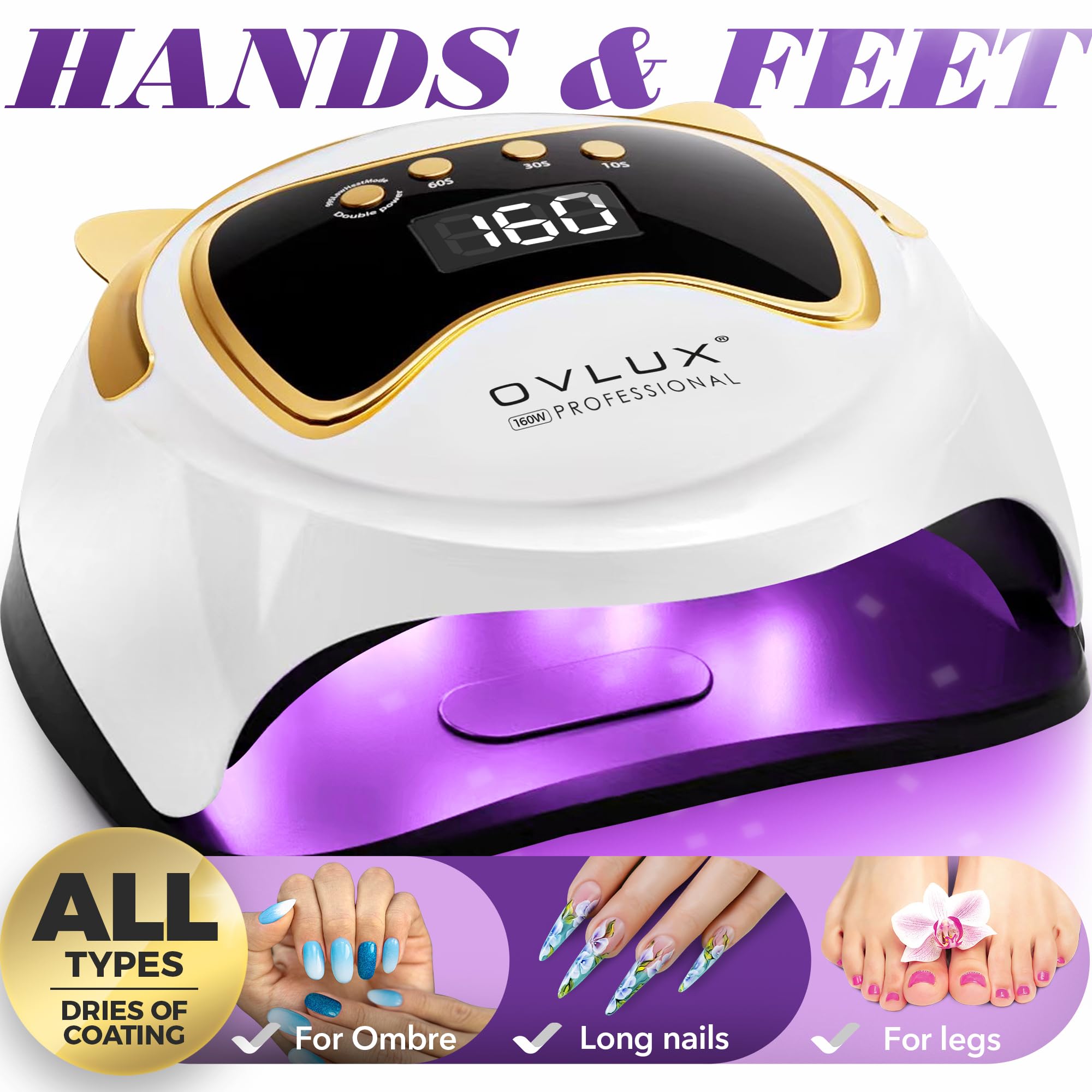 OVLUX UV LED Nail Lamp 160W, Professional Nail Dryer Lamp with 3 Timers and LCD Display, UV Gel Curing & Gel Polish Light with 36 LED for Salon and Home Use