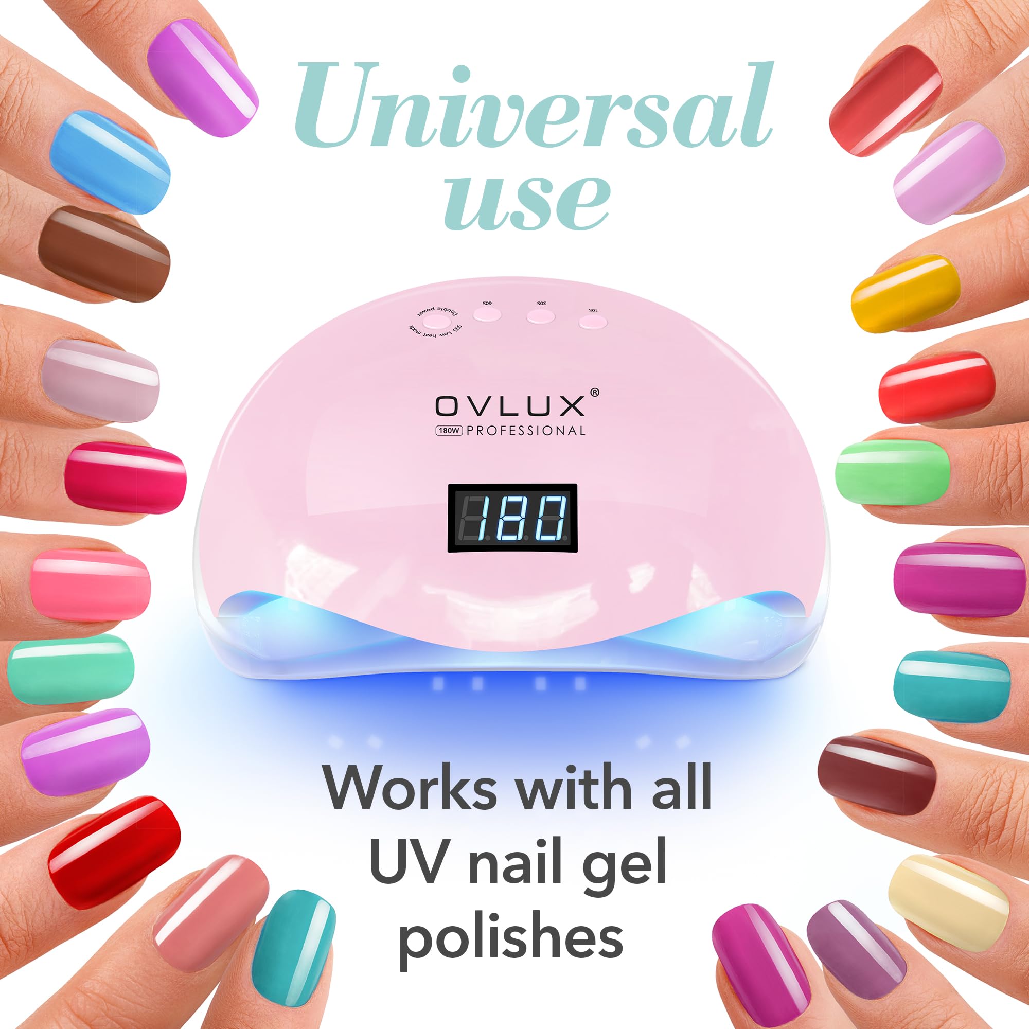 OVLUX Pro 180W UV LED Nail Lamp - Dual-Use Gel Polish Dryer with 57 Precision Bulbs, 4 Adaptive Timers, Auto-Sensor - All-in-One Mani-Pedi Solution for Salon & Home - Pink (Blushing Bride)