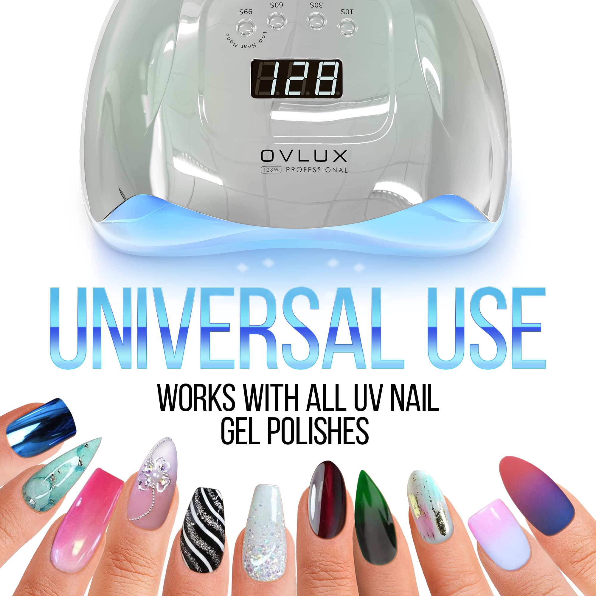 UV LED Nail Lamp, OVLUX 128W Professional Gel polish uv led nail dryer lamp light for Gel Nails Polish Manicure Professional Salon Curing Lamp with Extra-Long Cable and Automatic Sensor (Silver)