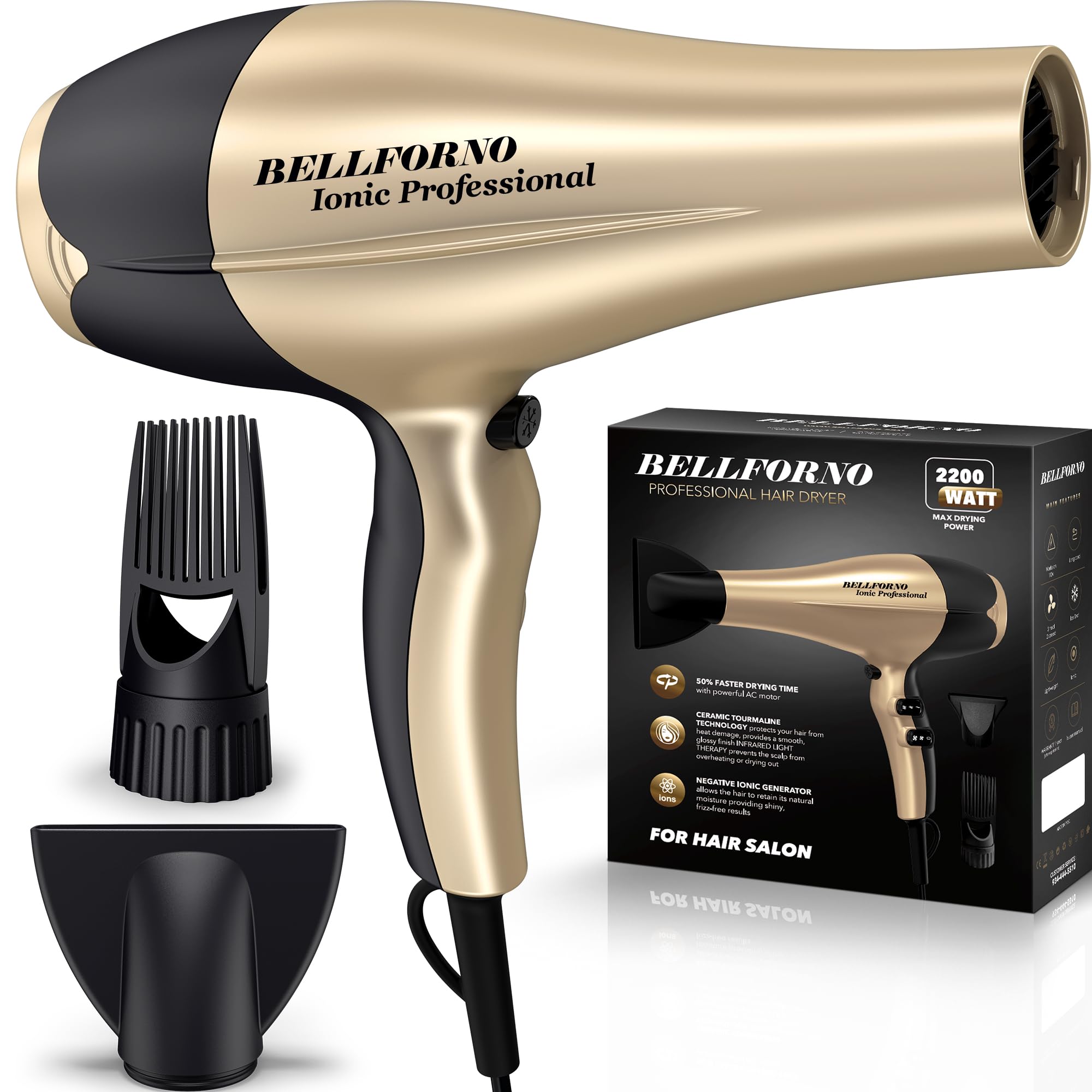 2200W High-Power Hair Dryer - Ionic Ceramic Tourmaline Technology, Lightweight Ergonomic Design with Cool Shot, Comb Attachments & Adjustable Heat/Speed, ADC Motor, Professional Salon Finish