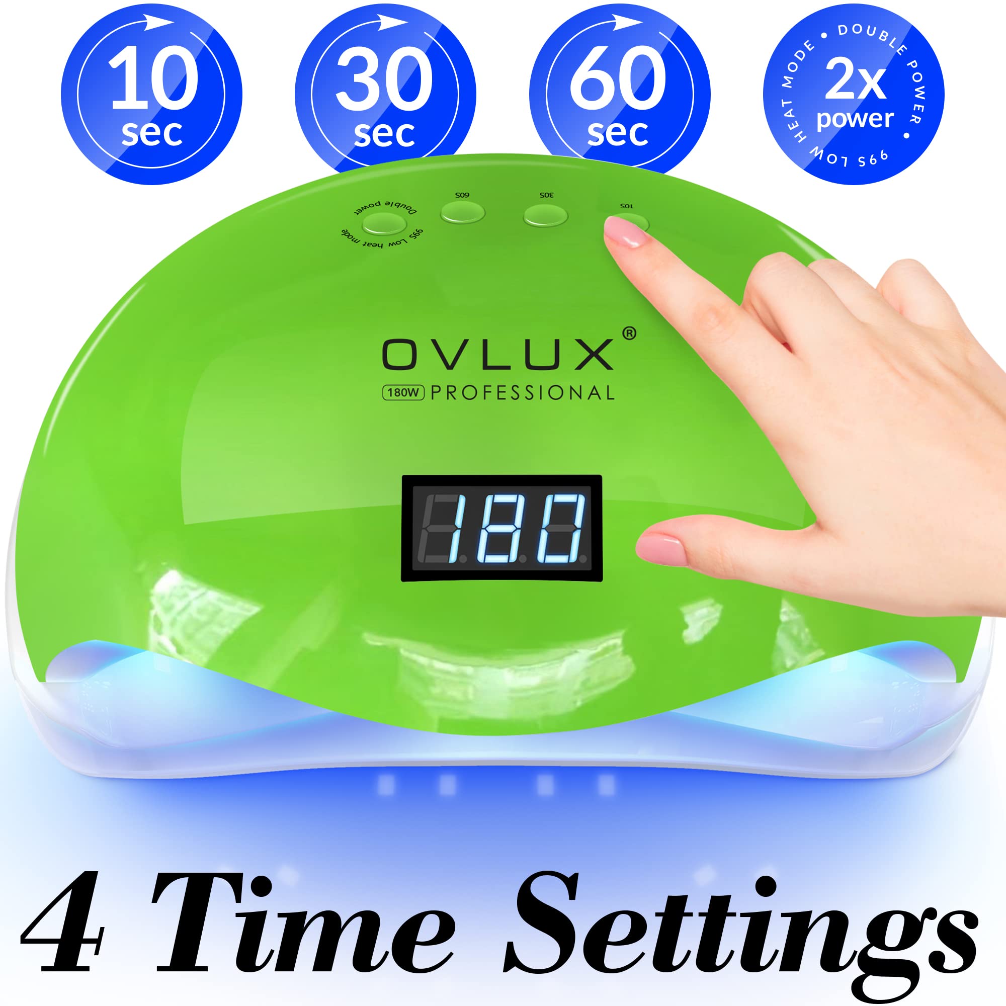 OVLUX UV LED Nail Lamp - 180W Curing Light for Acrylic & Gel Polish - Manicure & Pedicure Drying Device with 57 Bulbs, 16 Files & Buffers, 4 Timer Settings, LCD Screen, Automatic On & Off - Green