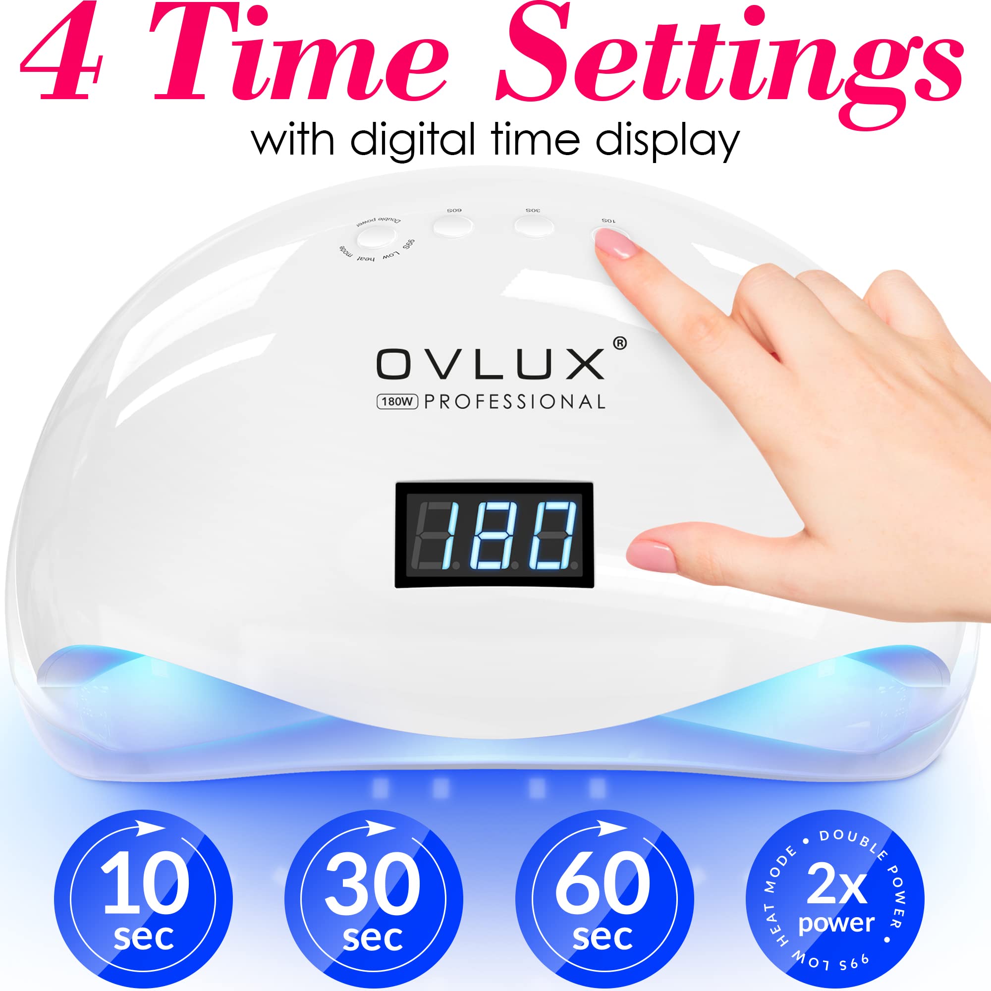 OVLUX UV LED Nail Lamp 180W, Professional Nail Dryer Machine, Best Gel UV LED Nail Lamp for Fingernail & Toenail Gel Based Polishes – Nail Curing Light with 57 pcs LEDs, 4 Timer Settings