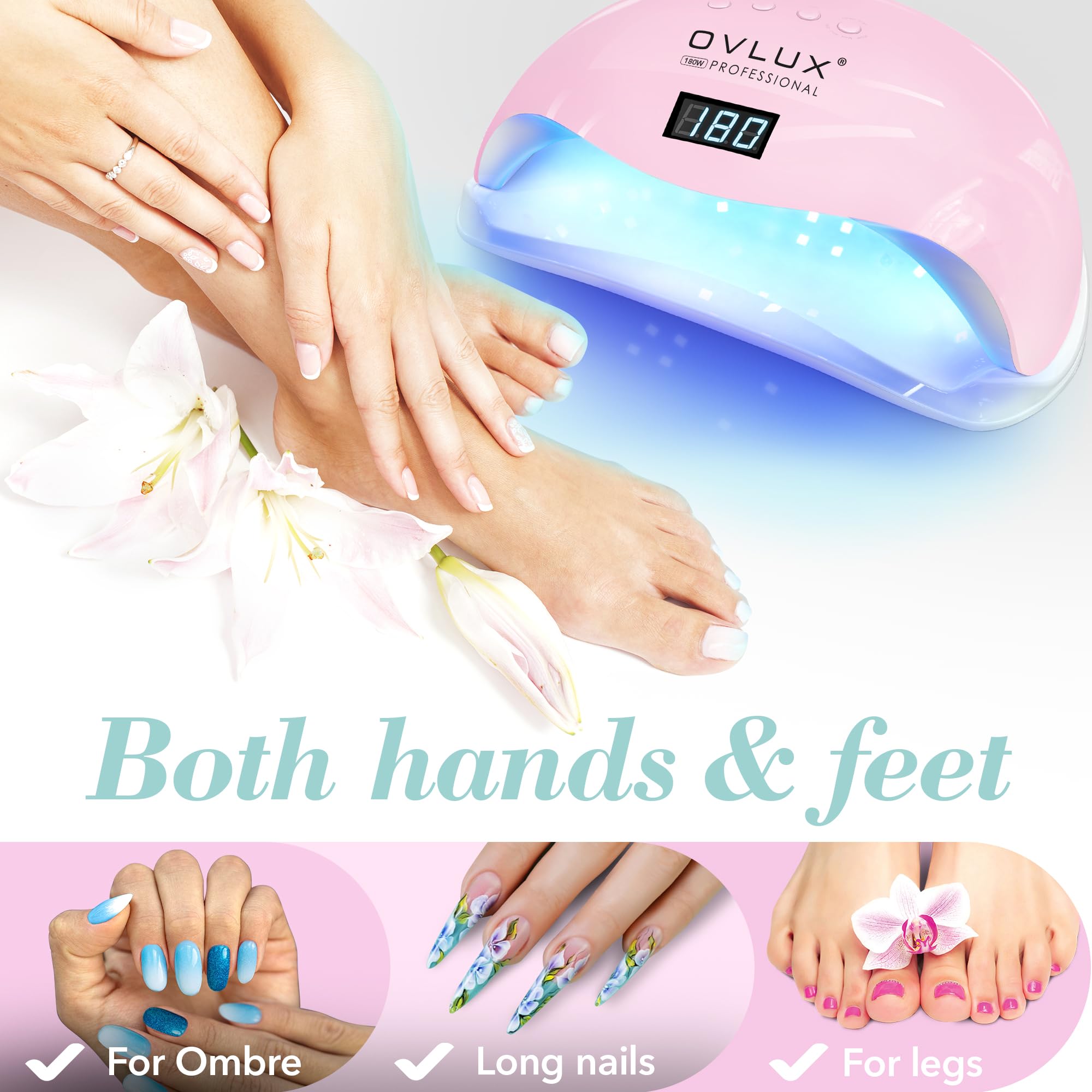 OVLUX Pro 180W UV LED Nail Lamp - Dual-Use Gel Polish Dryer with 57 Precision Bulbs, 4 Adaptive Timers, Auto-Sensor - All-in-One Mani-Pedi Solution for Salon & Home - Pink (Blushing Bride)