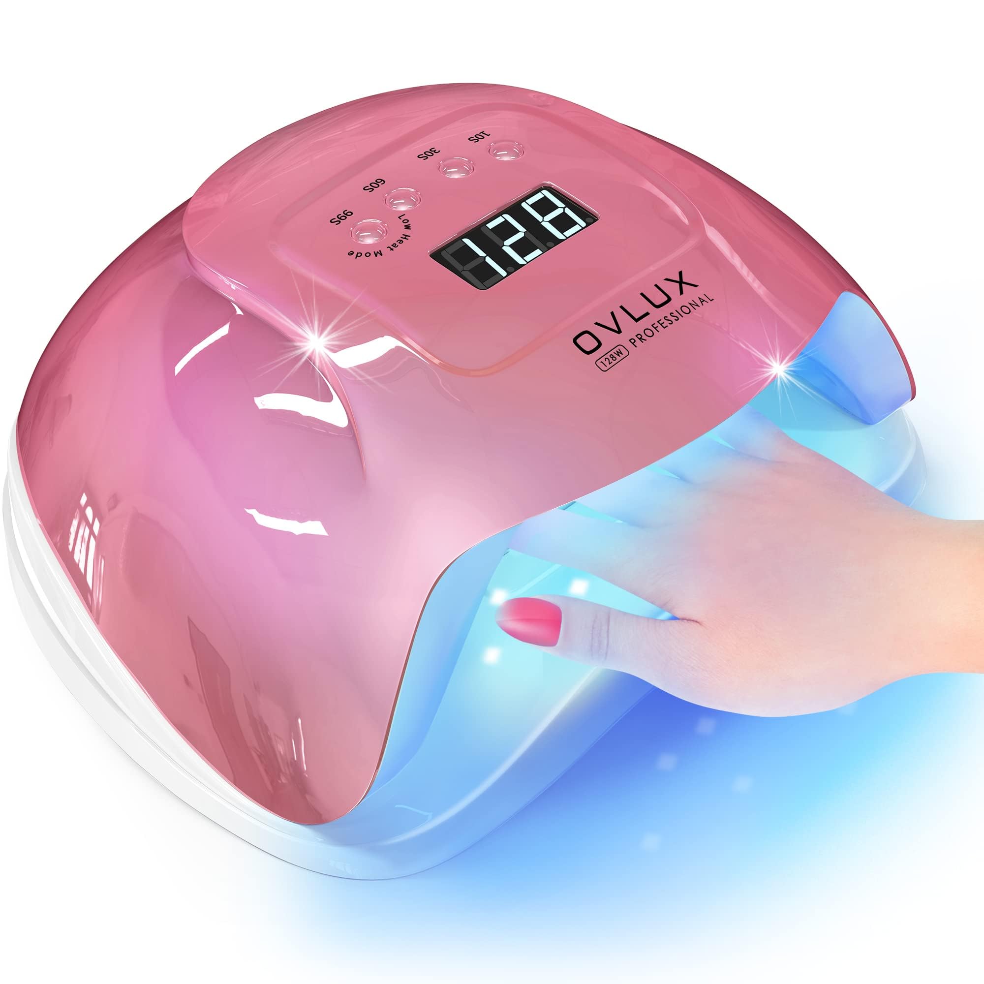 OVLUX UV Light for Nails, 128W Professional UV LED Nail Lamp, Gel polish uv led nail dryer lamp light for Gel Nails Polish Manicure Salon Curing Lamp Nail Art Tools with Automatic Sensor (Pink)