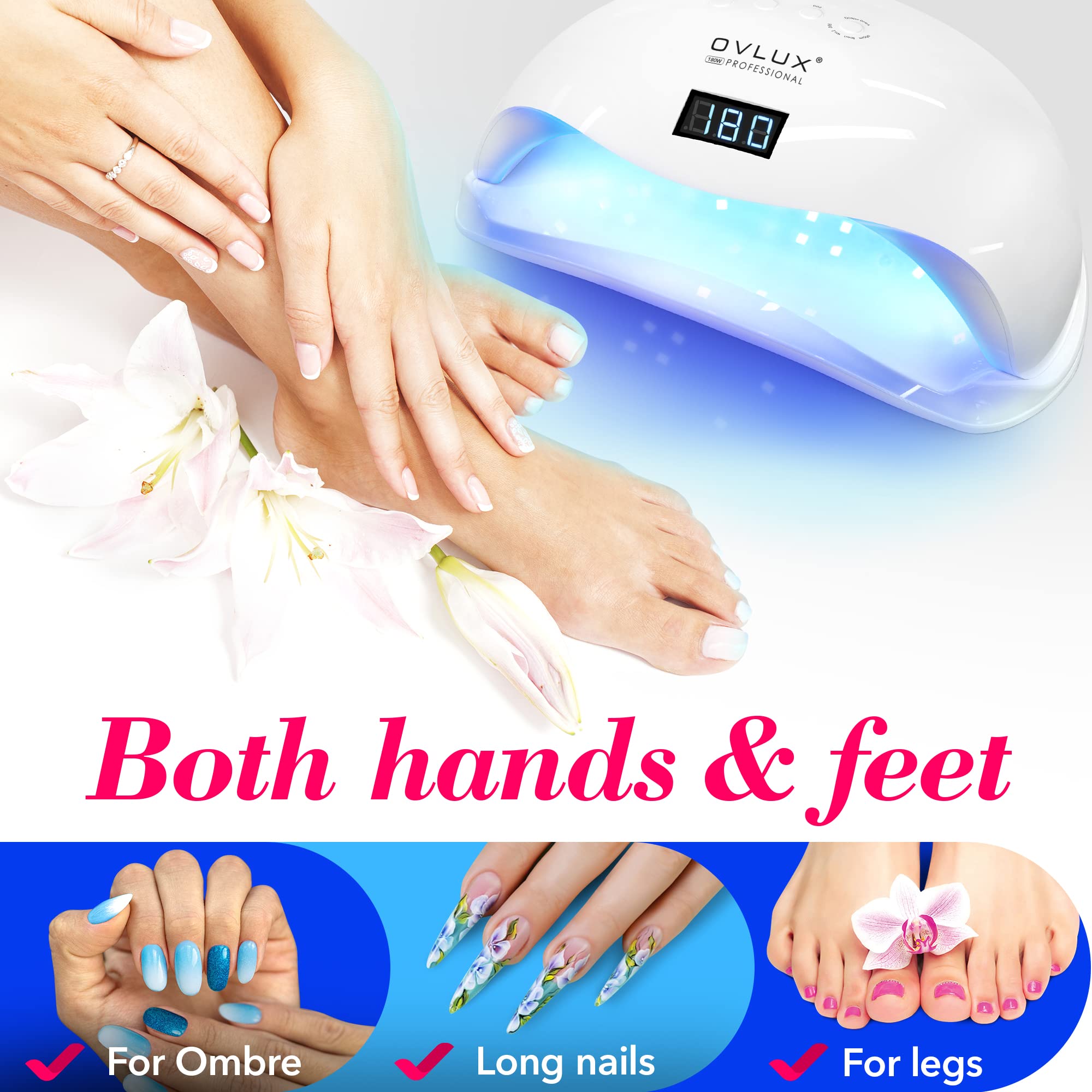 OVLUX UV LED Nail Lamp 180W, Professional Nail Dryer Machine, Best Gel UV LED Nail Lamp for Fingernail & Toenail Gel Based Polishes – Nail Curing Light with 57 pcs LEDs, 4 Timer Settings