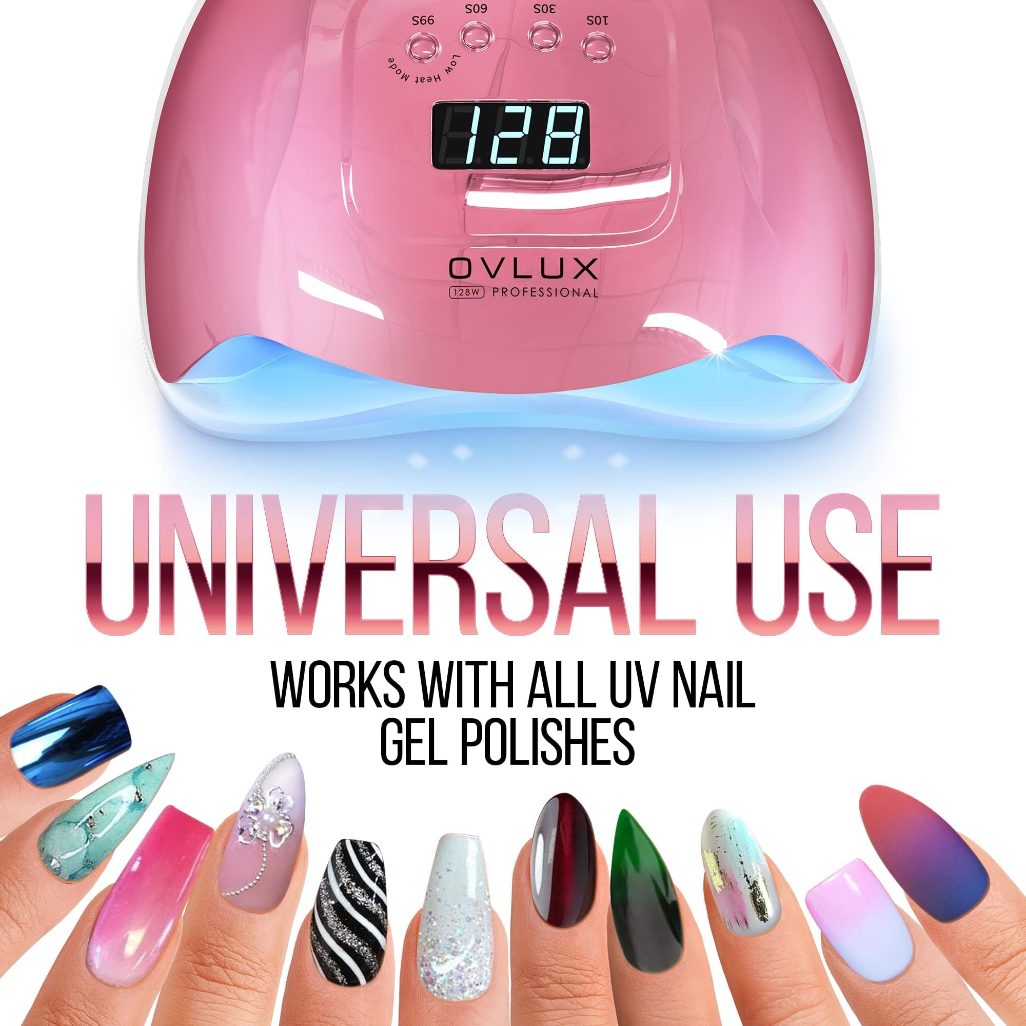 OVLUX UV Light for Nails, 128W Professional UV LED Nail Lamp, Gel polish uv led nail dryer lamp light for Gel Nails Polish Manicure Salon Curing Lamp Nail Art Tools with Automatic Sensor (Pink)