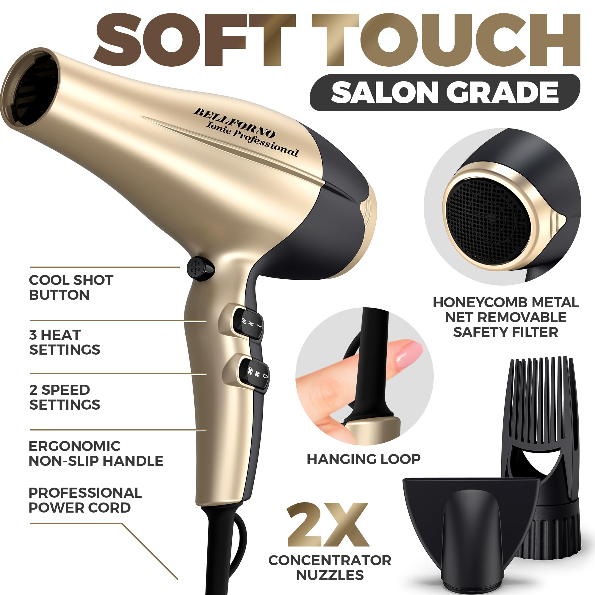 2200W High-Power Hair Dryer - Ionic Ceramic Tourmaline Technology, Lightweight Ergonomic Design with Cool Shot, Comb Attachments & Adjustable Heat/Speed, ADC Motor, Professional Salon Finish