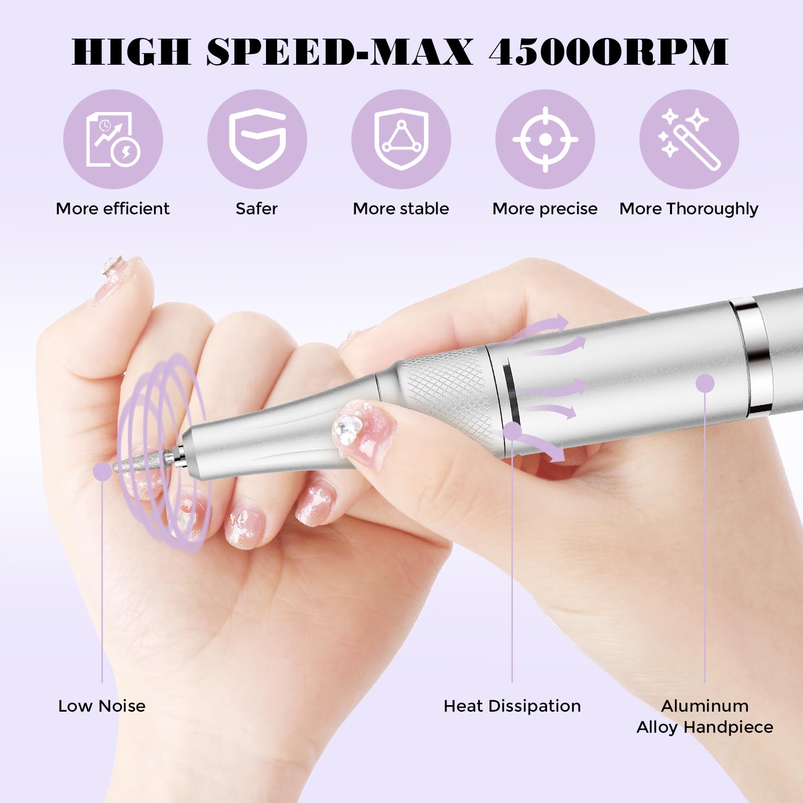 Cordless Nail Drill Professional Kit - 45000RPM: High-Speed Nail Drill Machine with Diverse Nail Drill Bits & Bit Set, Ergonomic Nail Drills for Salon-Quality Manicure & Pedicure at Home