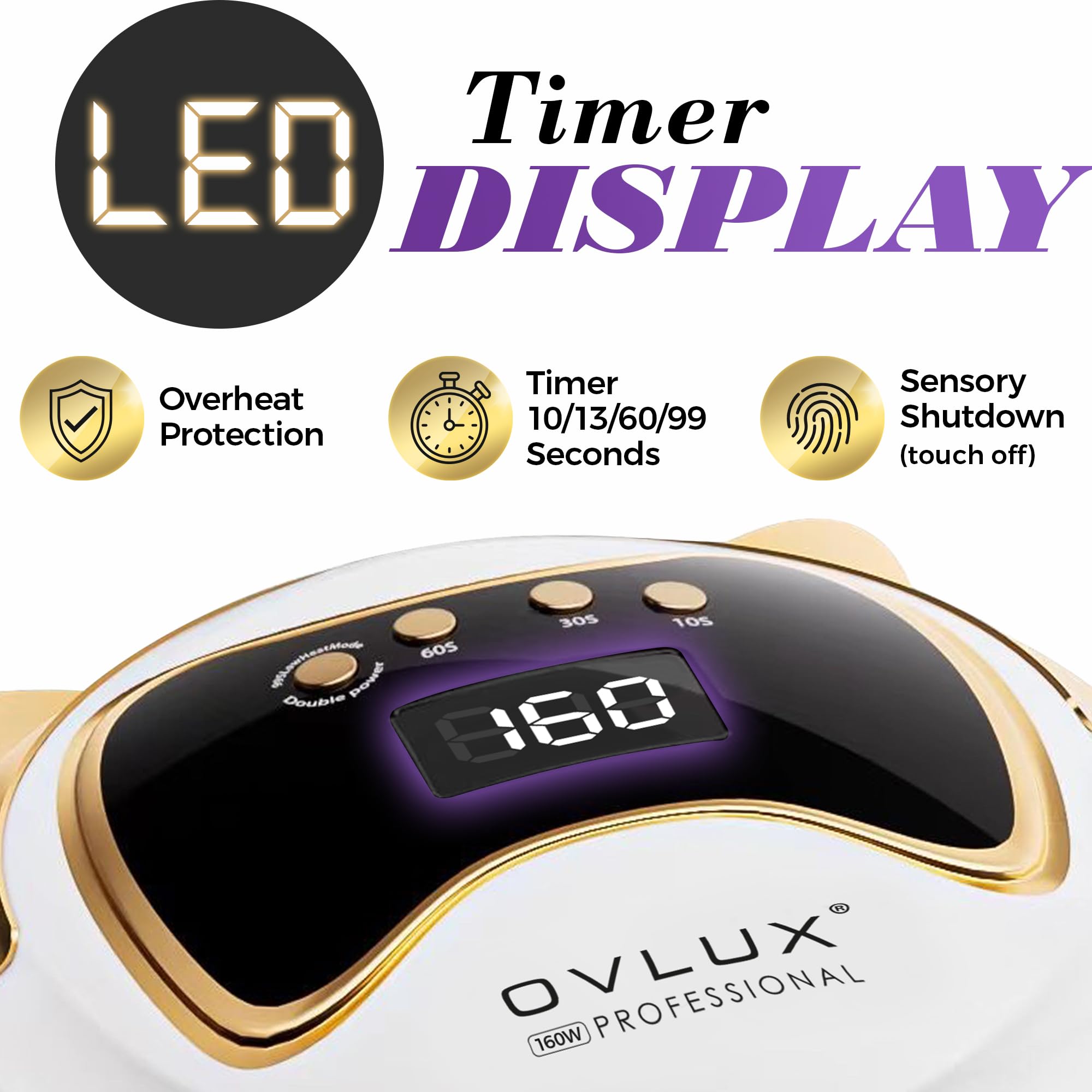 OVLUX UV LED Nail Lamp 160W, Professional Nail Dryer Lamp with 3 Timers and LCD Display, UV Gel Curing & Gel Polish Light with 36 LED for Salon and Home Use