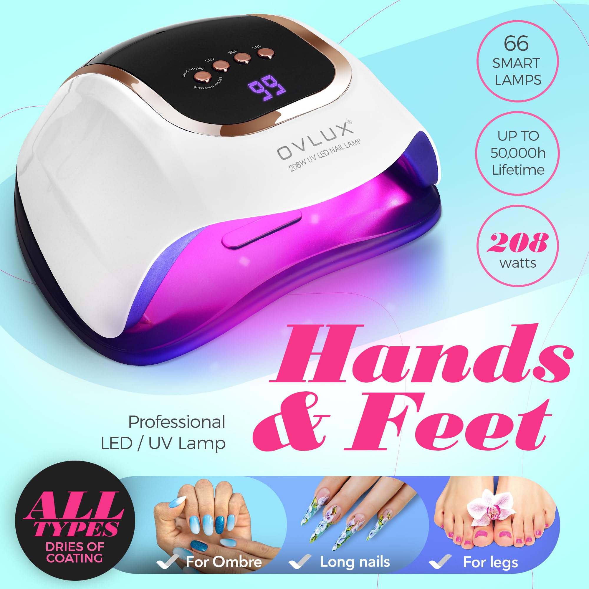 208W LED Nail Lamp with 66 LED Beads, Quick-Drying for Gel Nails, Professional UV Light with 4 Timers, Ideal for Home and Salon Nail Art, White