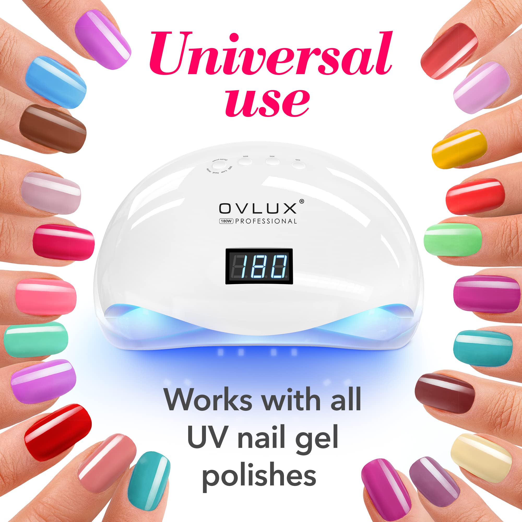 OVLUX UV LED Nail Lamp 180W, Professional Nail Dryer Machine, Best Gel UV LED Nail Lamp for Fingernail & Toenail Gel Based Polishes – Nail Curing Light with 57 pcs LEDs, 4 Timer Settings