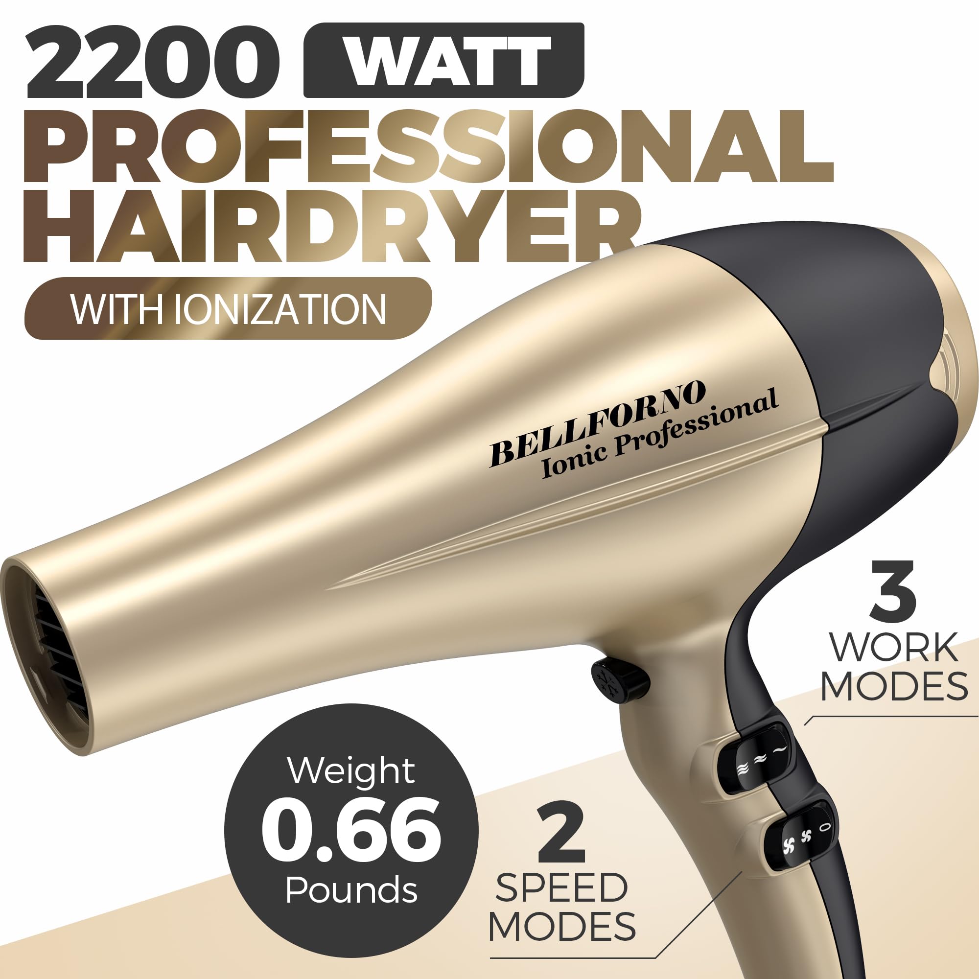 2200W High-Power Hair Dryer - Ionic Ceramic Tourmaline Technology, Lightweight Ergonomic Design with Cool Shot, Comb Attachments & Adjustable Heat/Speed, ADC Motor, Professional Salon Finish