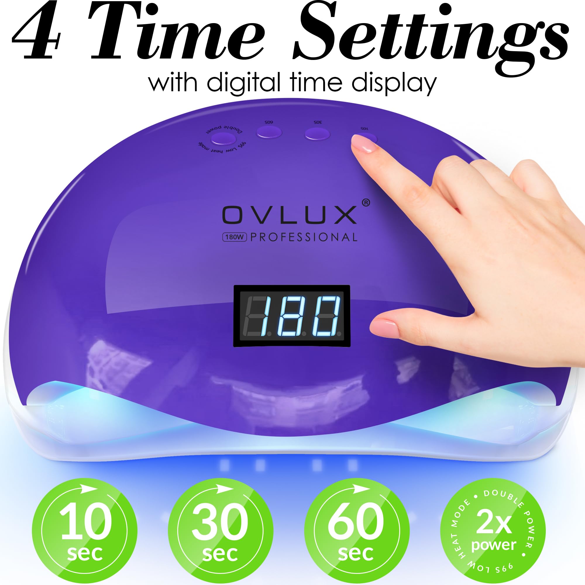 OVLUX UV LED Nail Lamp - Professional 180W Curing Light for Flawless Acrylic & Gel Polish Complete Manicure & Pedicure Drying Solution with 57 Bulbs, 16 Files & Buffers, 4 Timer Settings - Purple