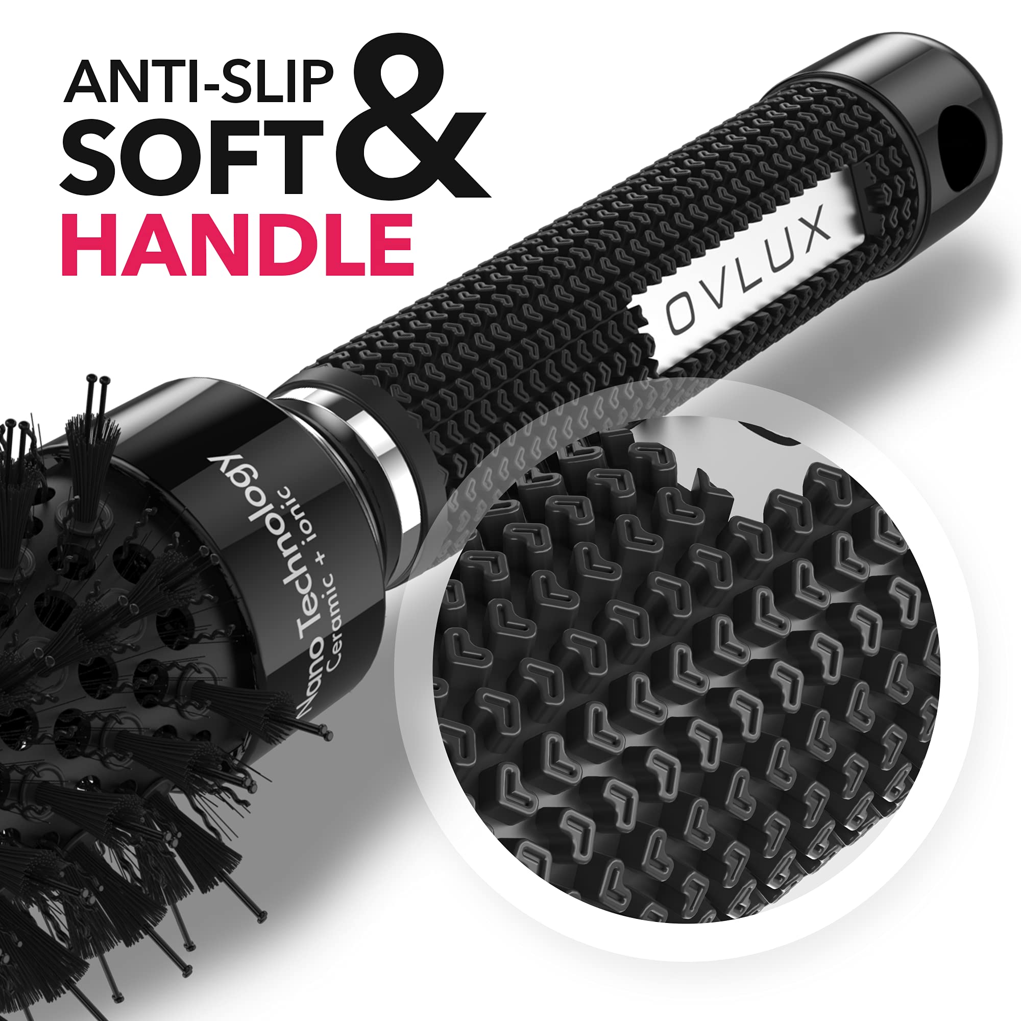 OVLUX Round Brush Professional - Nano Thermal Ceramic & Ionic Tech Hair Brush, Smart Barrel Brush with Nylon & Boar Bristles for creating volume and shine, round hair brush for blow drying (1.3inch)