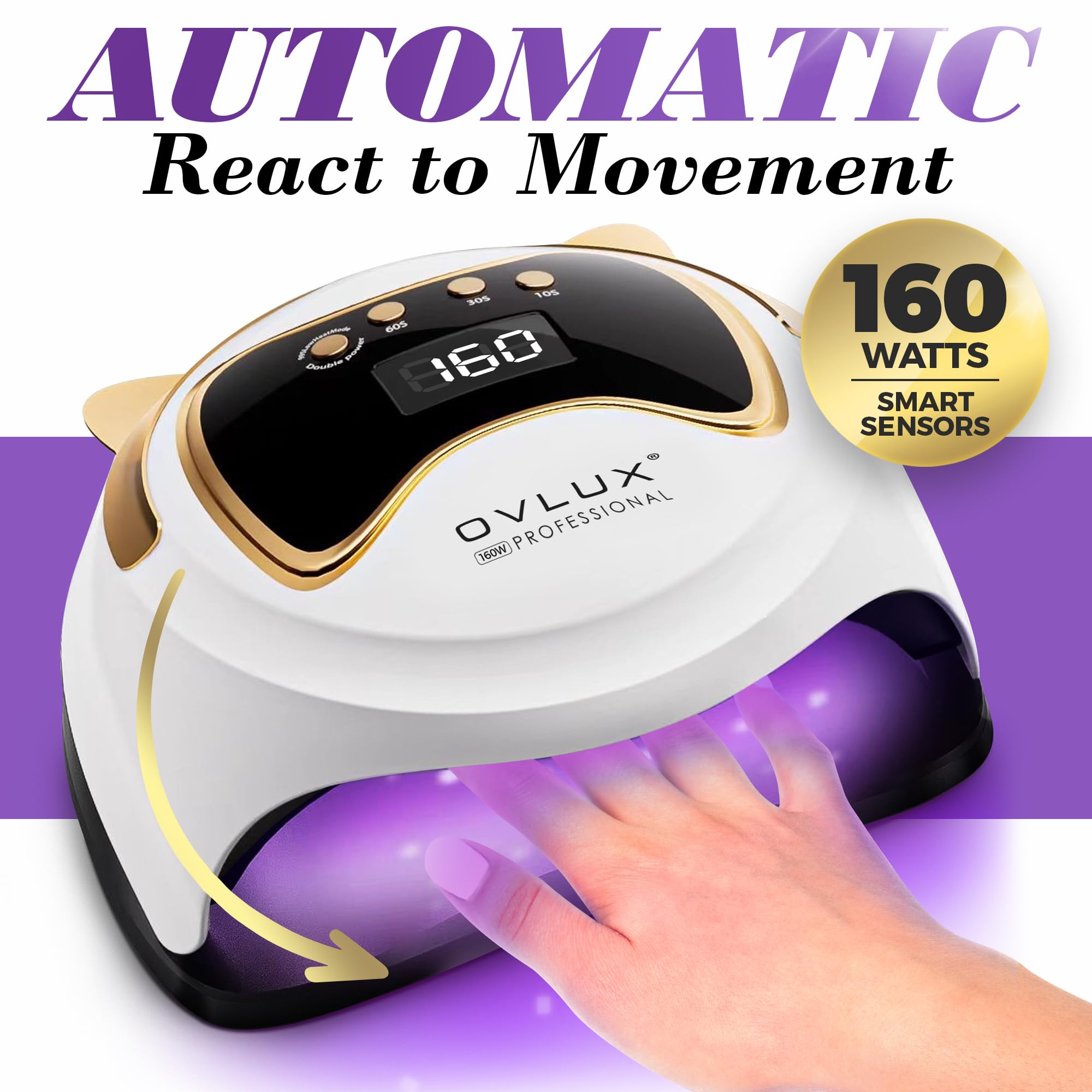 OVLUX UV LED Nail Lamp 160W, Professional Nail Dryer Lamp with 3 Timers and LCD Display, UV Gel Curing & Gel Polish Light with 36 LED for Salon and Home Use