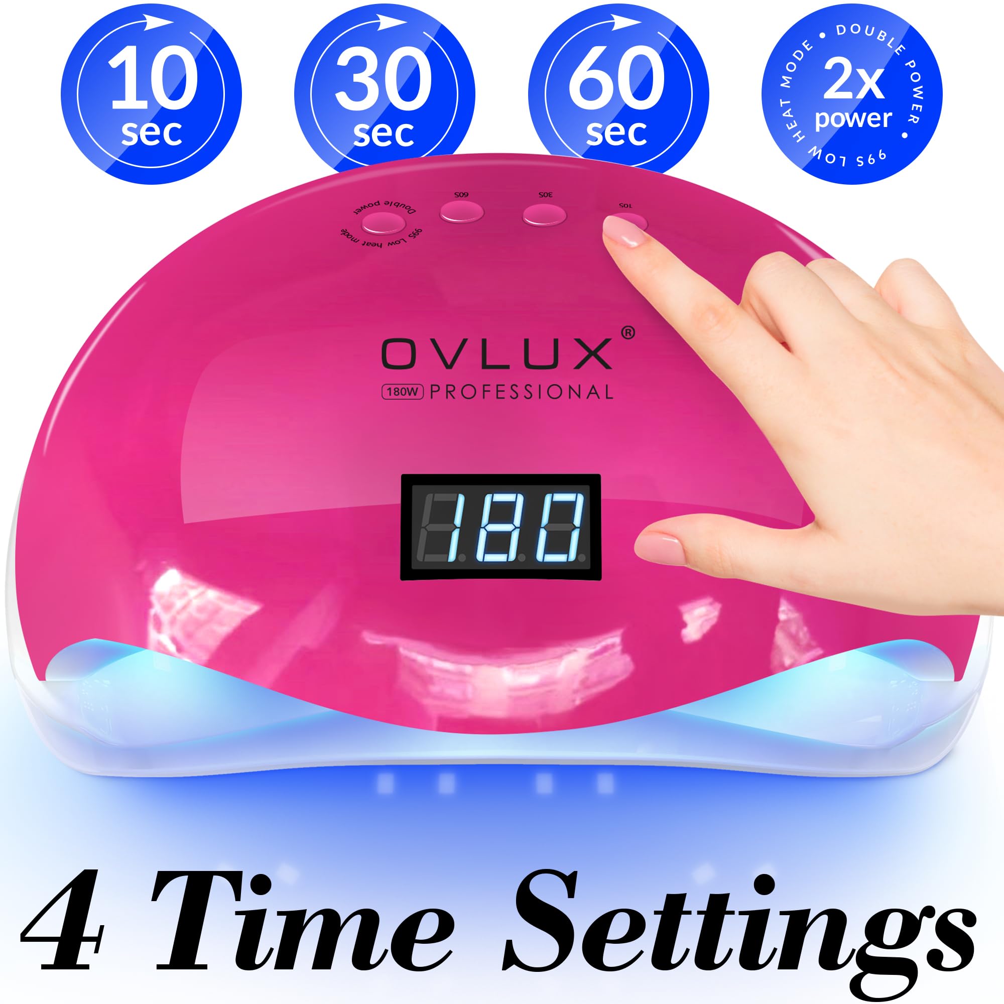 OVLUX 180W UV LED Nail Lamp - Dual Hand & Foot Curing Light with 57 Bulbs for Salon-Quality Gel & Acrylic Finish - Complete Mani-Pedi Kit with 16 Files & Buffers, Auto-Sensor - Color Fucsia