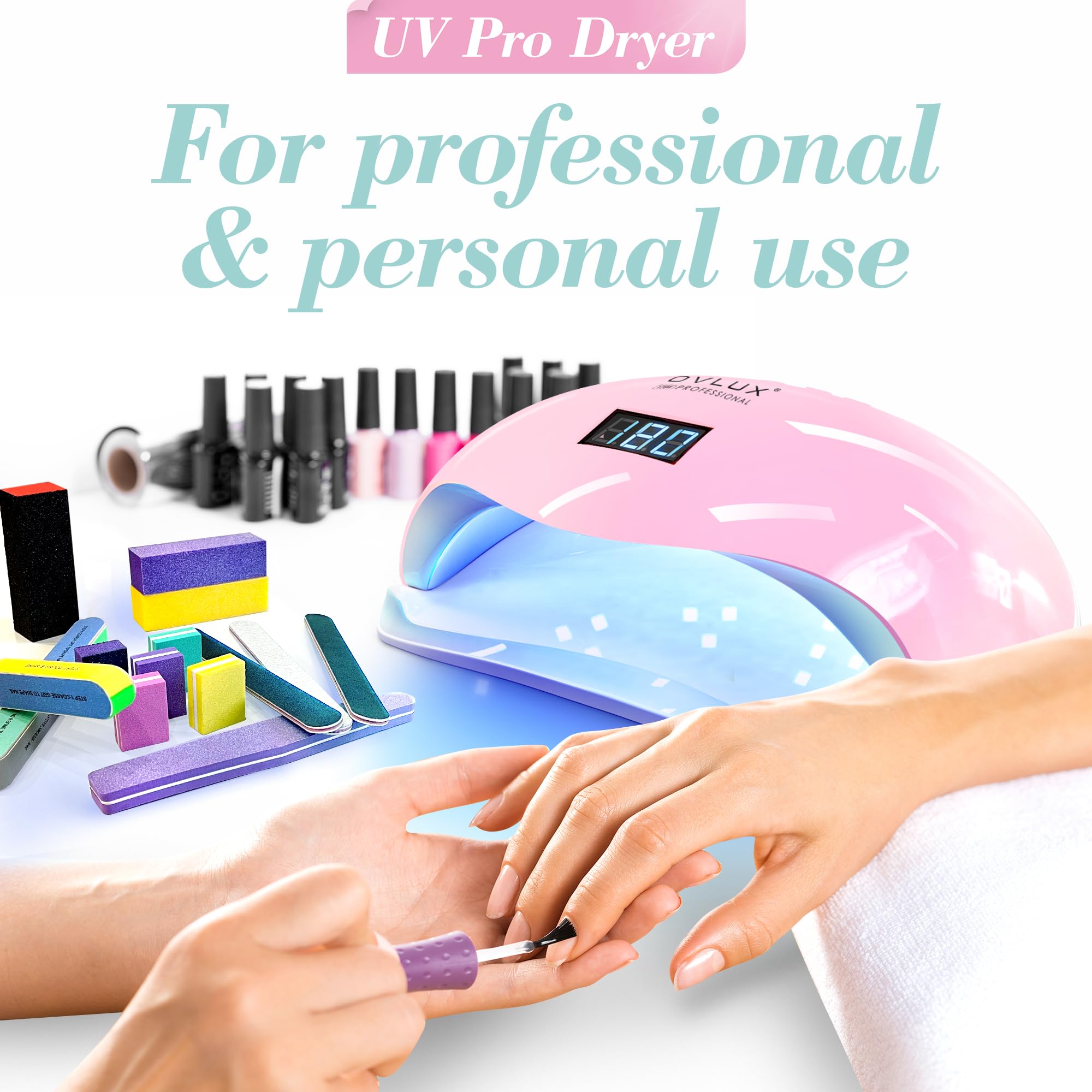 OVLUX Pro 180W UV LED Nail Lamp - Dual-Use Gel Polish Dryer with 57 Precision Bulbs, 4 Adaptive Timers, Auto-Sensor - All-in-One Mani-Pedi Solution for Salon & Home - Pink (Blushing Bride)