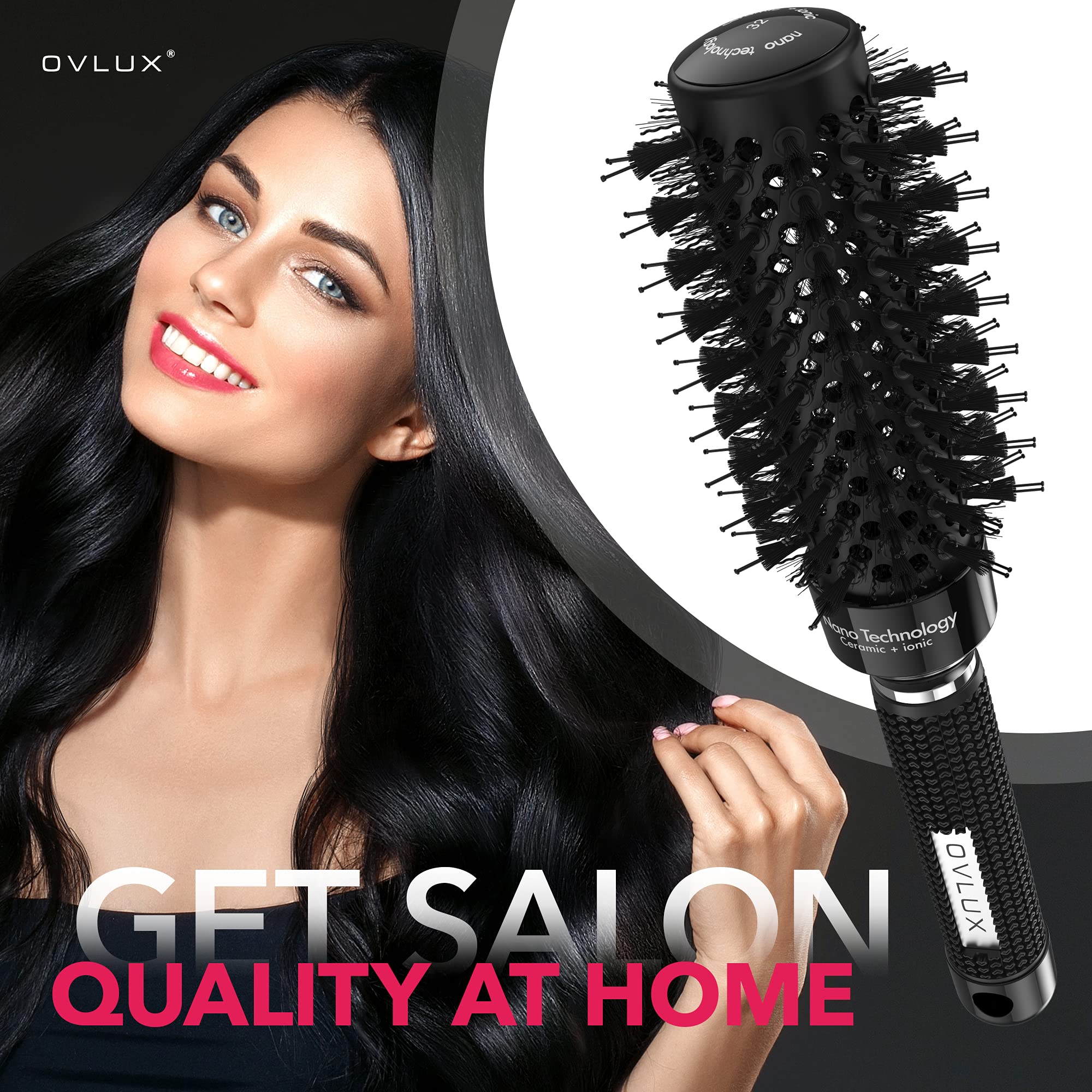 OVLUX Round Brush Professional - Nano Thermal Ceramic & Ionic Tech Hair Brush, Smart Barrel Brush with Nylon & Boar Bristles for creating volume and shine, round hair brush for blow drying (1.3inch)