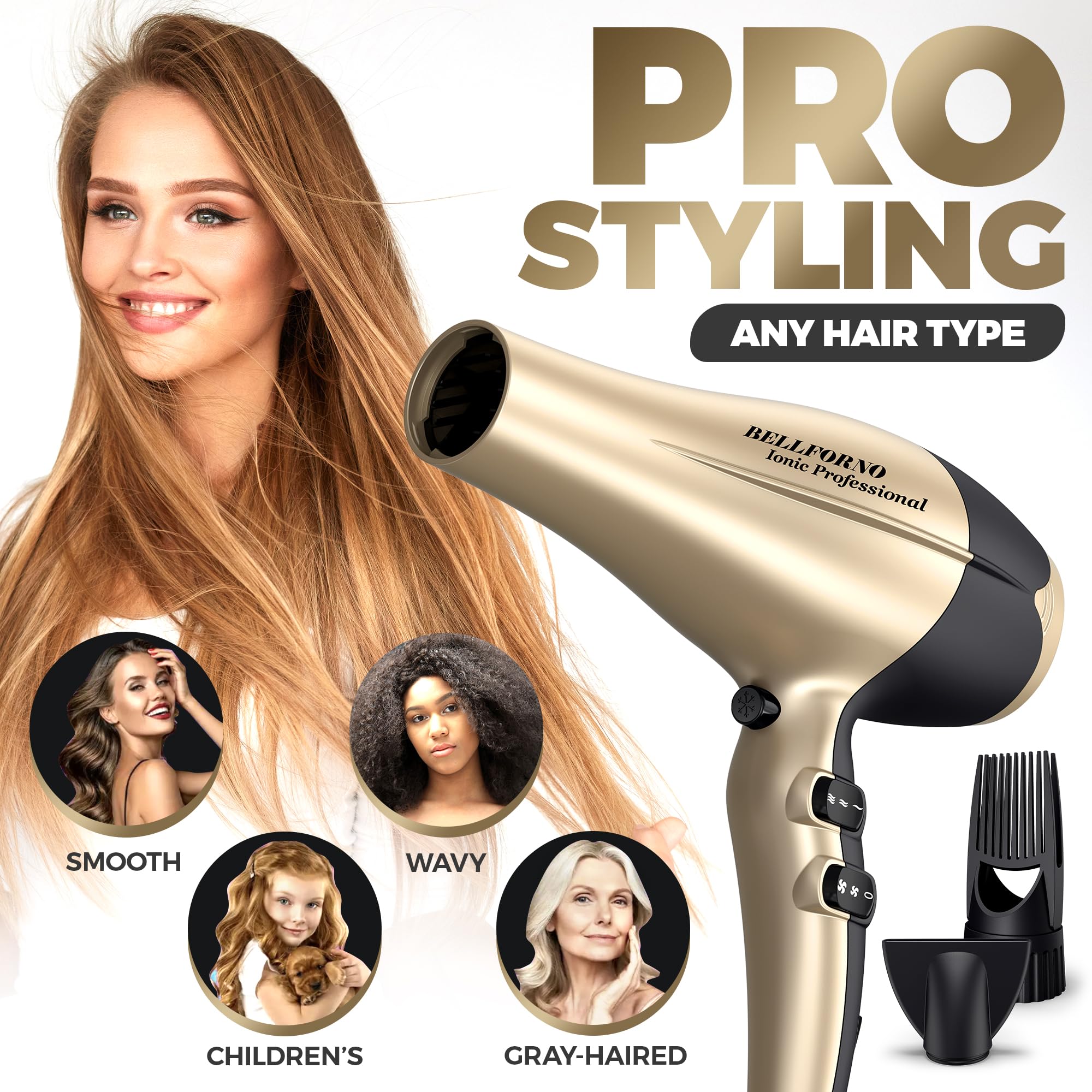 2200W High-Power Hair Dryer - Ionic Ceramic Tourmaline Technology, Lightweight Ergonomic Design with Cool Shot, Comb Attachments & Adjustable Heat/Speed, ADC Motor, Professional Salon Finish