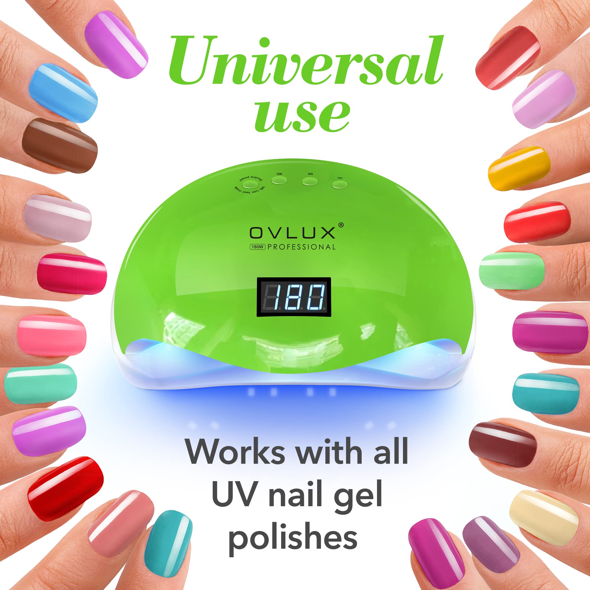 OVLUX UV LED Nail Lamp - 180W Curing Light for Acrylic & Gel Polish - Manicure & Pedicure Drying Device with 57 Bulbs, 16 Files & Buffers, 4 Timer Settings, LCD Screen, Automatic On & Off - Green