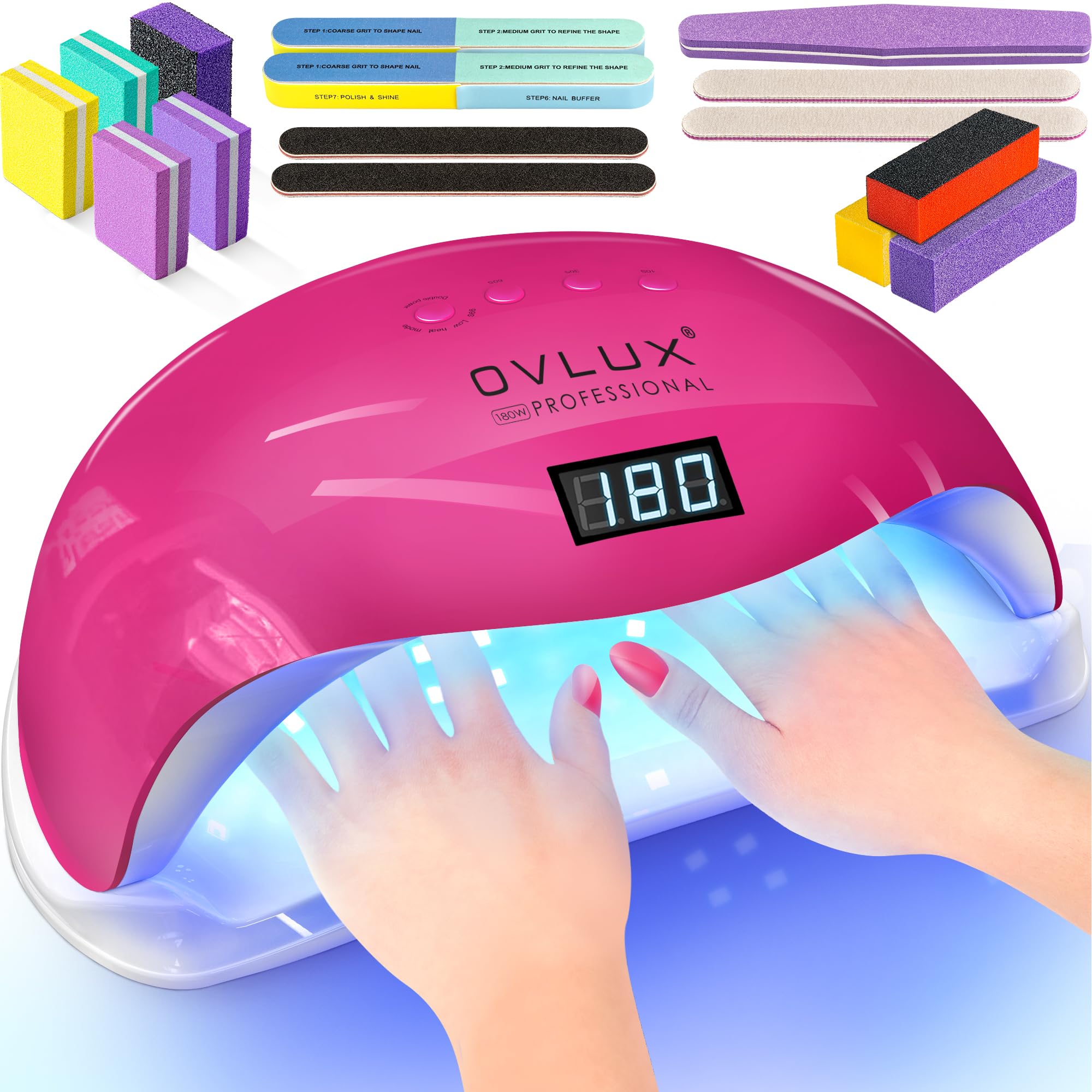 OVLUX 180W UV LED Nail Lamp - Dual Hand & Foot Curing Light with 57 Bulbs for Salon-Quality Gel & Acrylic Finish - Complete Mani-Pedi Kit with 16 Files & Buffers, Auto-Sensor - Color Fucsia