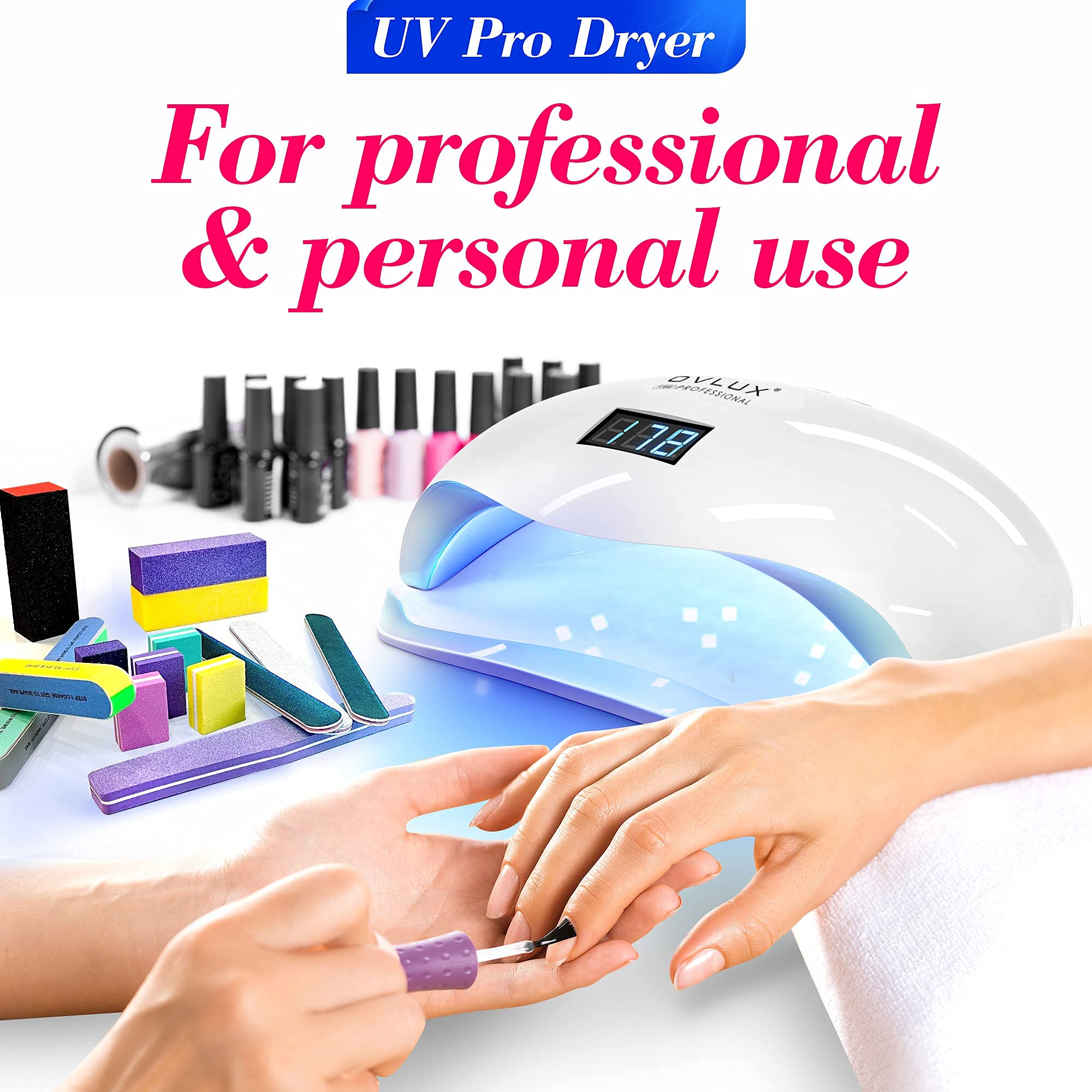 OVLUX UV LED Nail Lamp 180W, Professional Nail Dryer Machine, Best Gel UV LED Nail Lamp for Fingernail & Toenail Gel Based Polishes – Nail Curing Light with 57 pcs LEDs, 4 Timer Settings