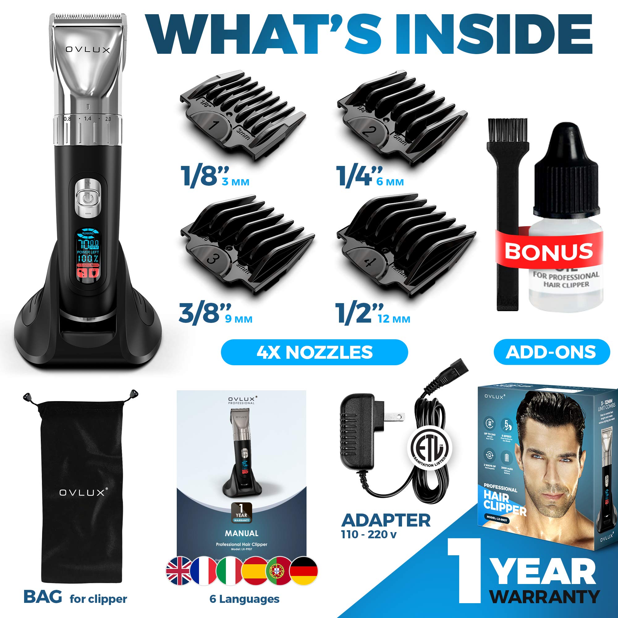 OVLUX Advanced Hair Clipper Kit - Versatile Corded/Cordless Use, Ergonomic with LED Display, Sharp Stainless Steel Blades, Perfect for Men’s Hair & Beard Styling, includes 4 Guide Combs & Accessories