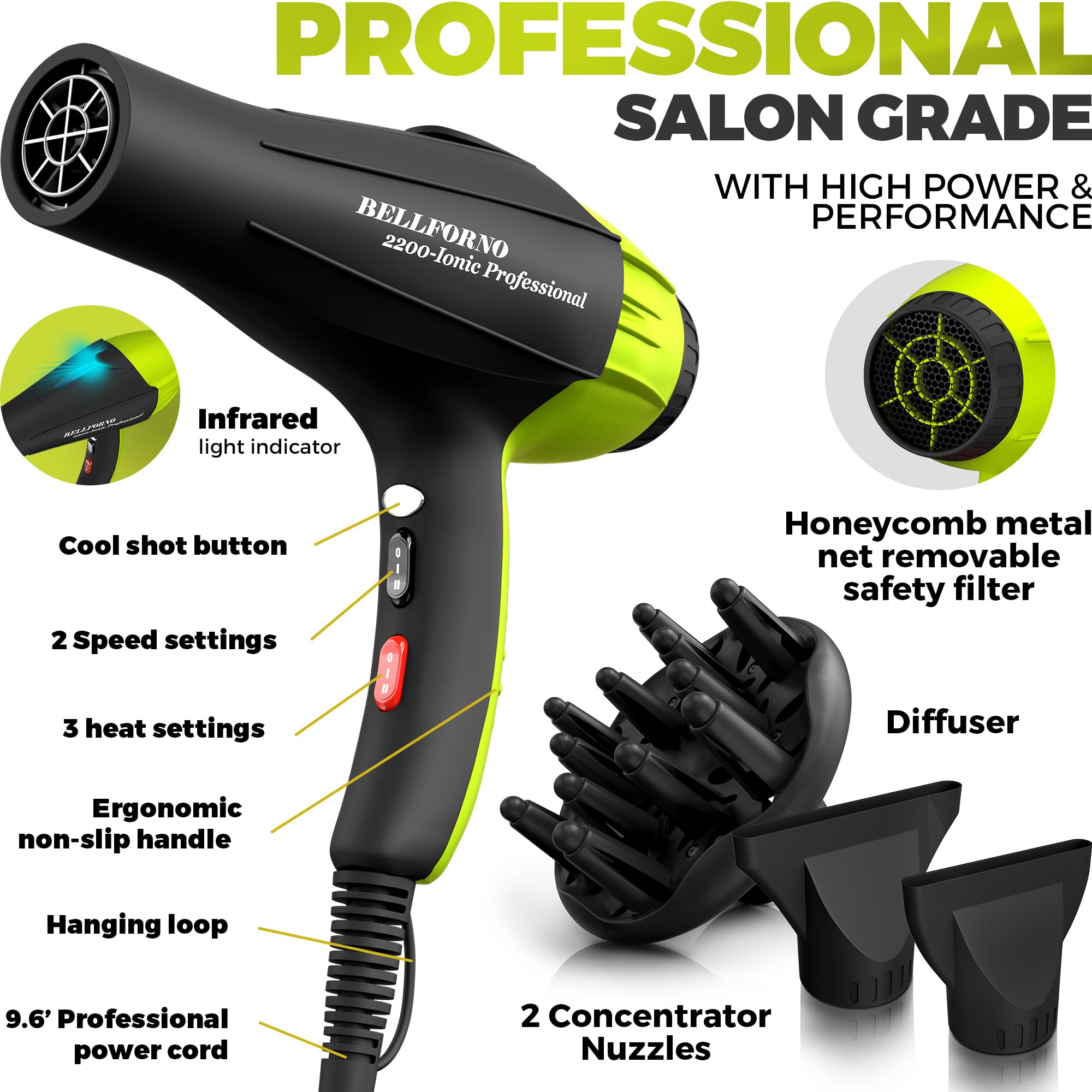 Professional Ionic 2200W Hair Dryer with Diffuser for Salon Use