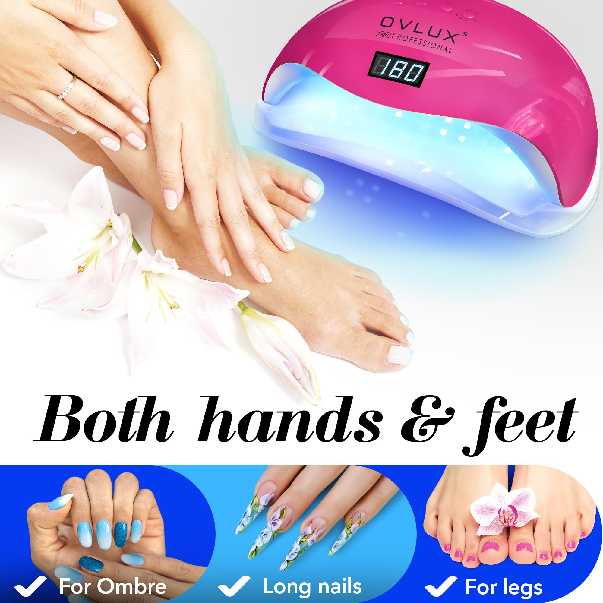 OVLUX 180W UV LED Nail Lamp - Dual Hand & Foot Curing Light with 57 Bulbs for Salon-Quality Gel & Acrylic Finish - Complete Mani-Pedi Kit with 16 Files & Buffers, Auto-Sensor - Color Fucsia