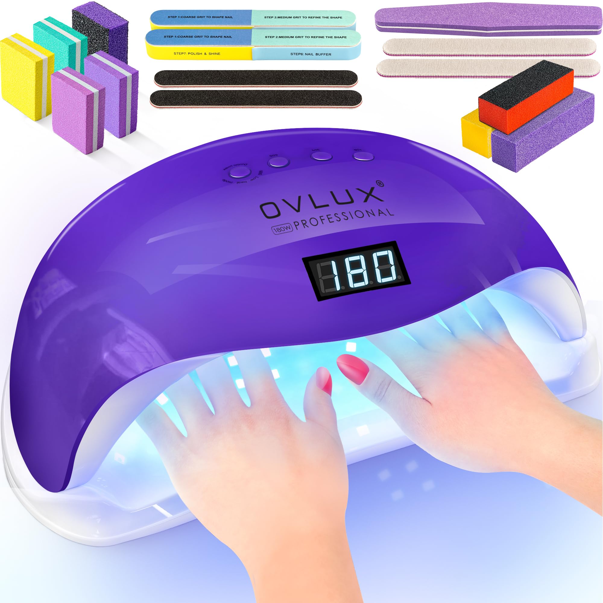 OVLUX UV LED Nail Lamp - Professional 180W Curing Light for Flawless Acrylic & Gel Polish Complete Manicure & Pedicure Drying Solution with 57 Bulbs, 16 Files & Buffers, 4 Timer Settings - Purple