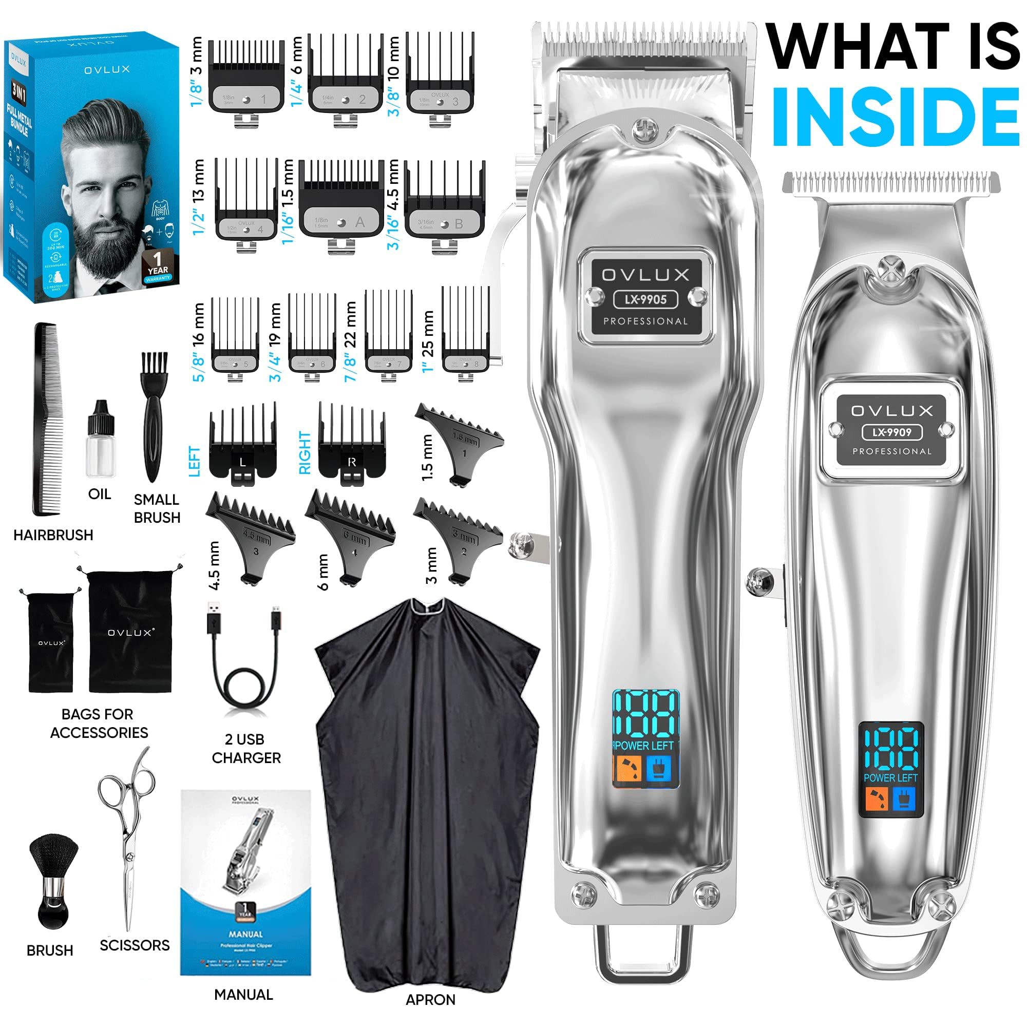 Full Metal Cordless Hair Clippers and Trimmer professional set for Men - Rechargeable Clippers for Hair Cutting, Beard T-Blade Trimmer for men, haircut machine for Self Cutting & Grooming Kit