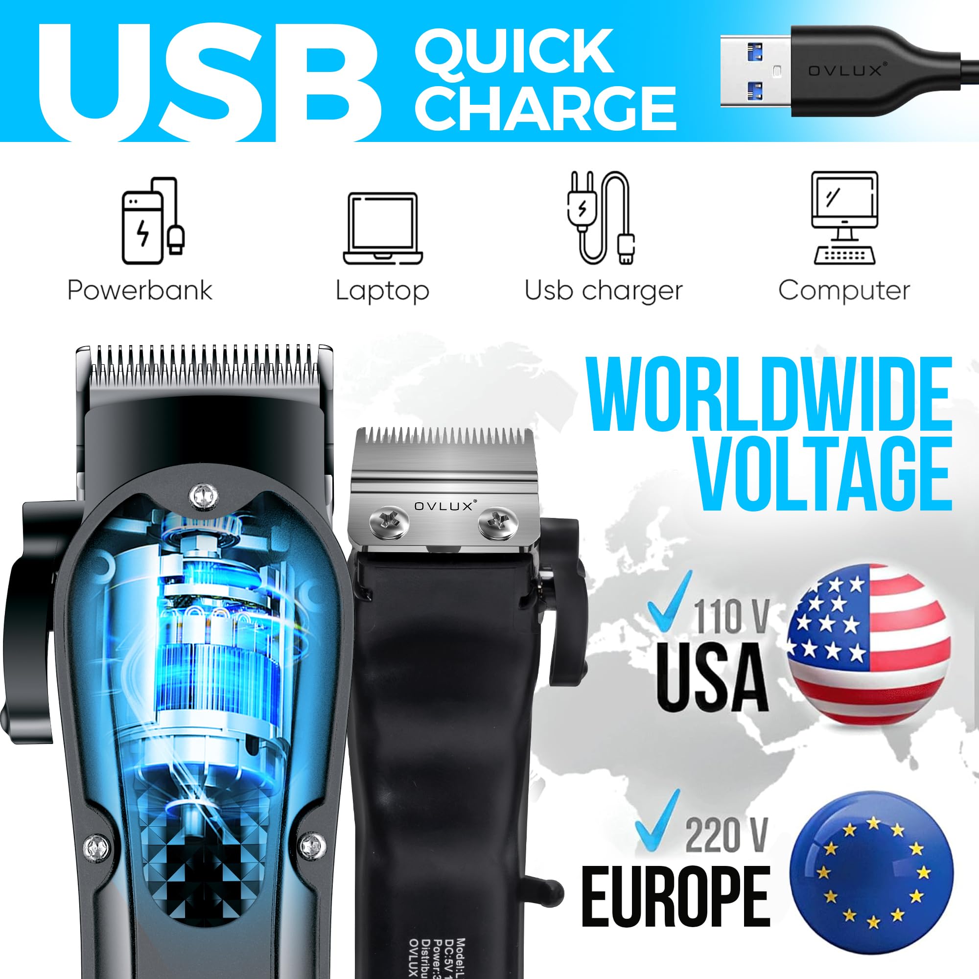 OVLUX Cordless Hair Clippers for Men: Professional Barber Clippers for Precision Grooming, Rechargeable and Powerful - Máquina para Cortar Pelo de Hombre