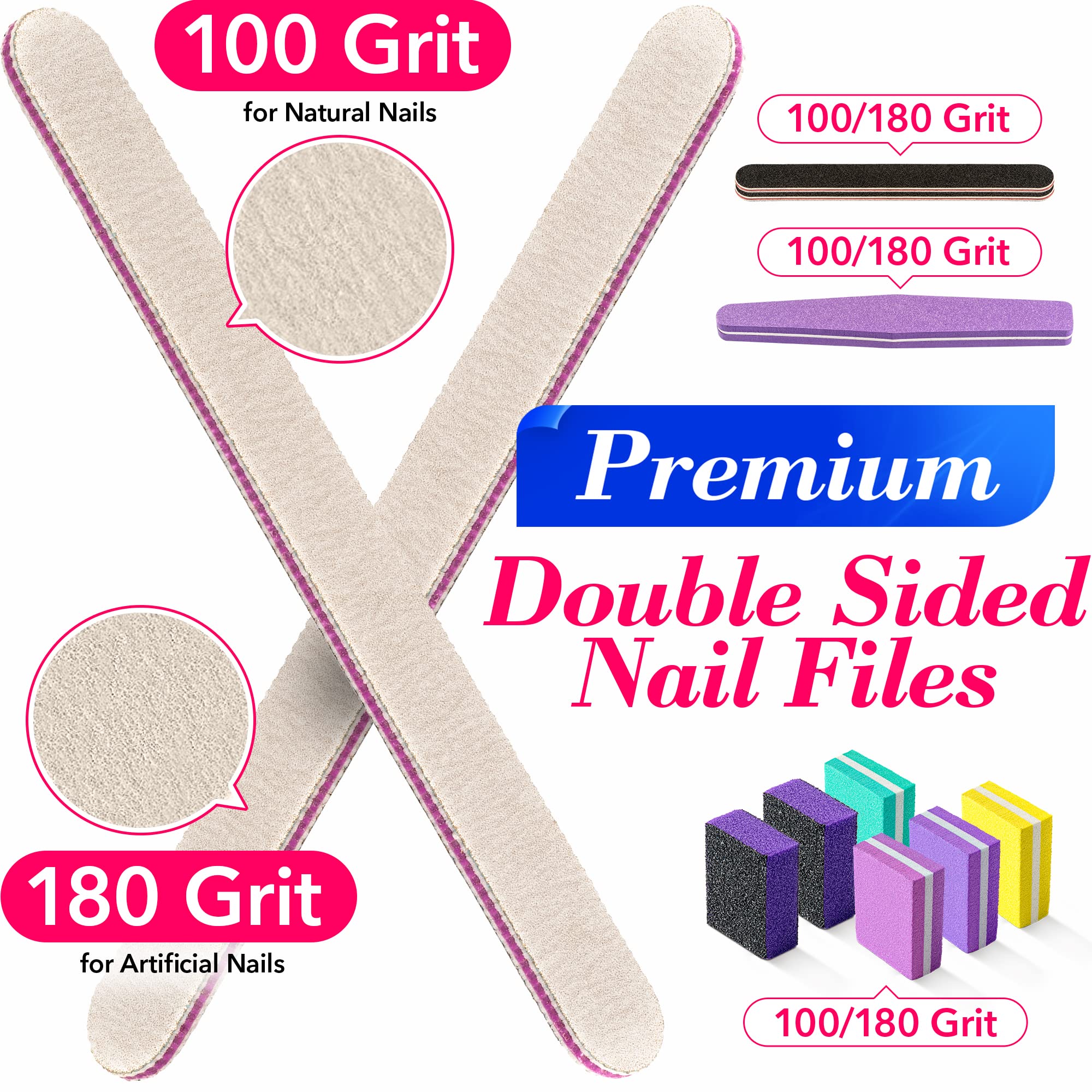 16 Pcs Nail Files and Buffers Set - OVLUX Professional & Home Nail Buffer Block Tool Set - Double Sided 100/180 Grit Nail Files for Natural Nails, 60/80 Grit Nail Buffer Blocks & 7 Step Nail Strips