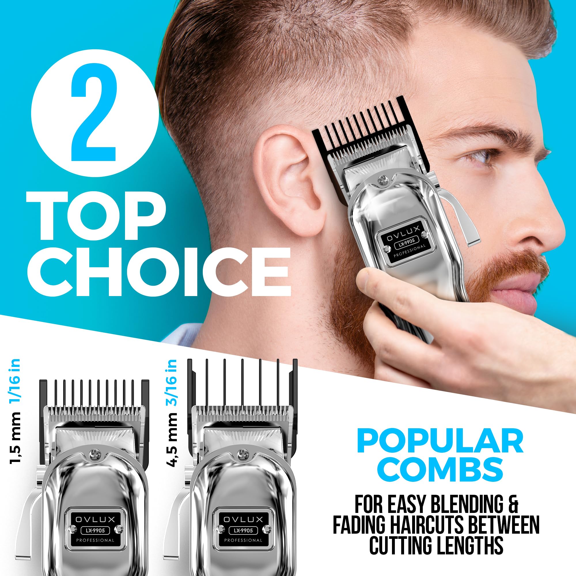 Professional set of 10 semi-metal black clipper guards, compatible with most Wahl clippers and ranging from 1/16" to 1",