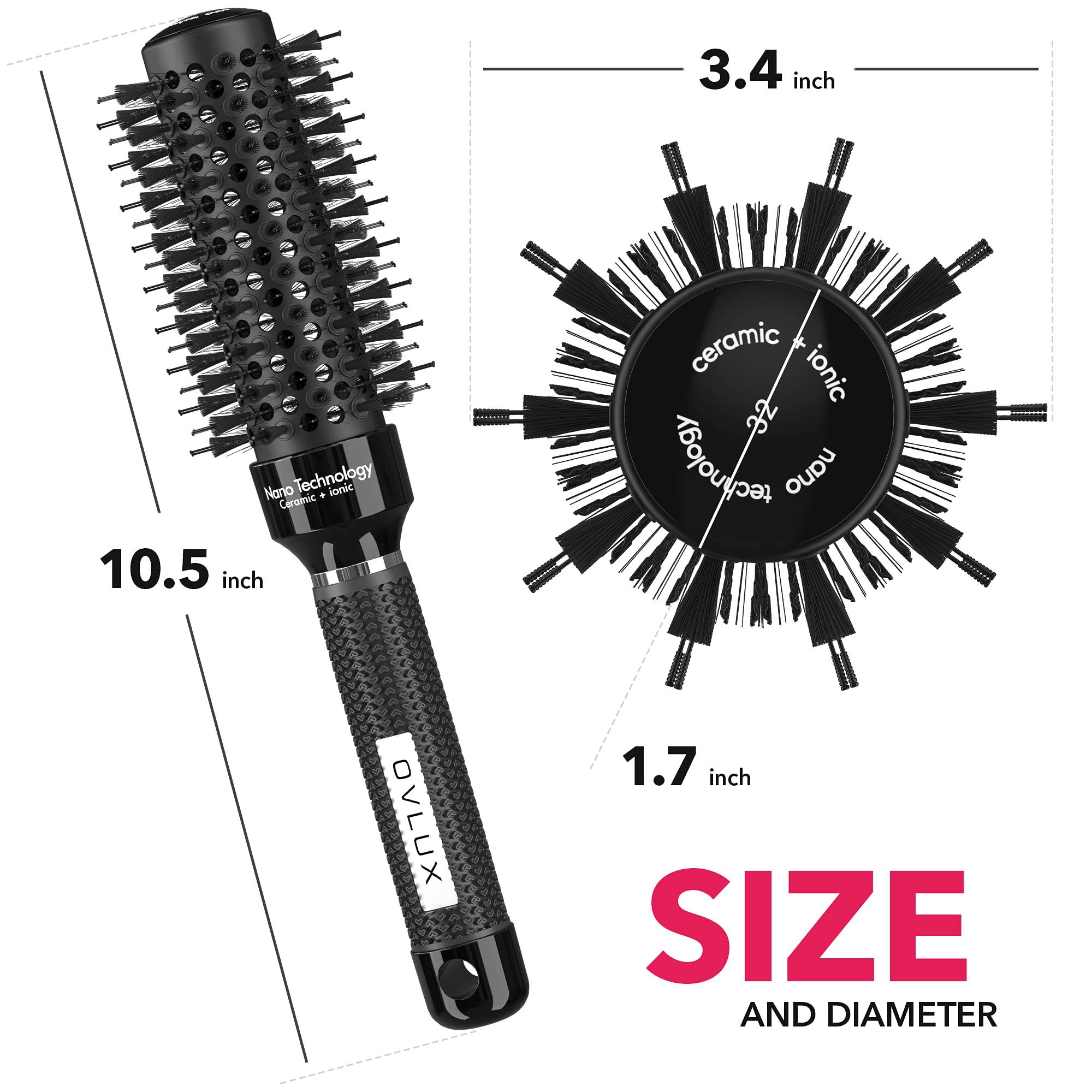 OVLUX Round Brush Professional - Nano Thermal Ceramic & Ionic Tech Hair Brush, Smart Barrel Brush with Nylon & Boar Bristles for creating volume and shine, round hair brush for blow drying (1.3inch)