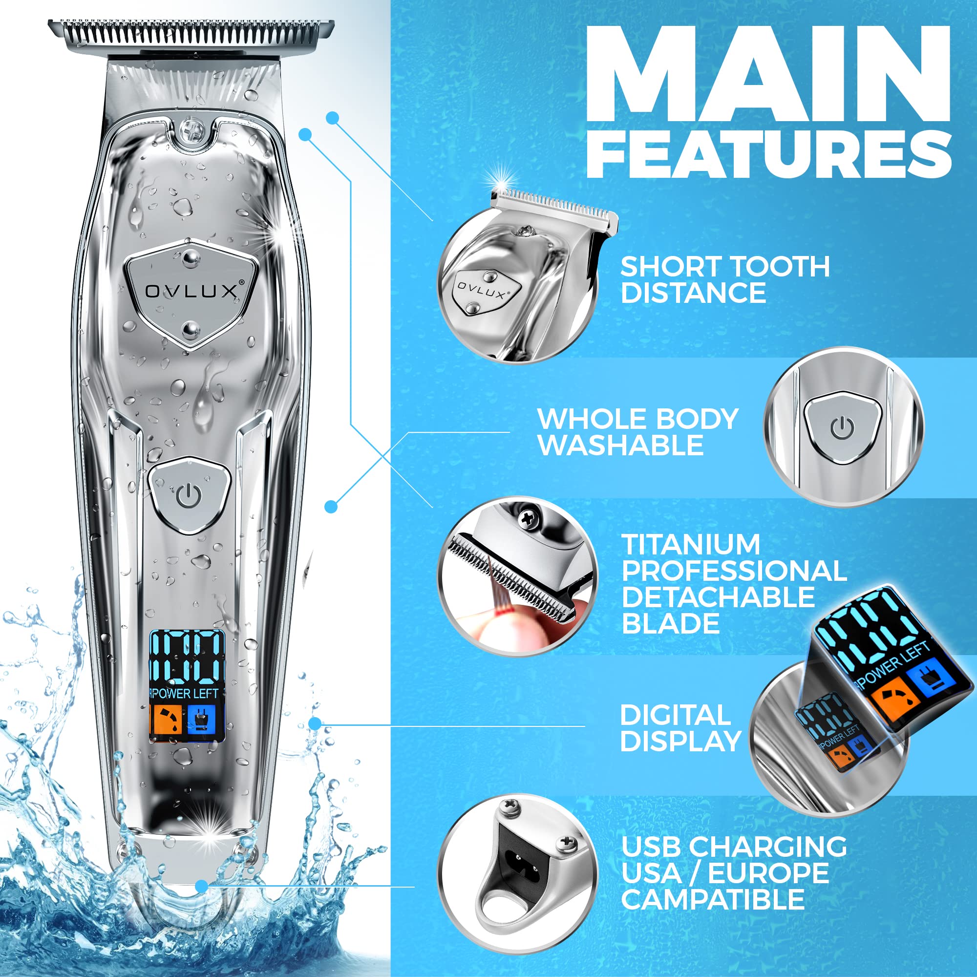 OVLUX [Waterproof] Full Metal Professional Hair Trimmer for Men - Rechargeable Hair Trimmer for Men - Cordless Clippers and Trimmers - Trimmer Liner with 1400 mAh Battery - 1mm, 2mm & 3mm Guide Combs