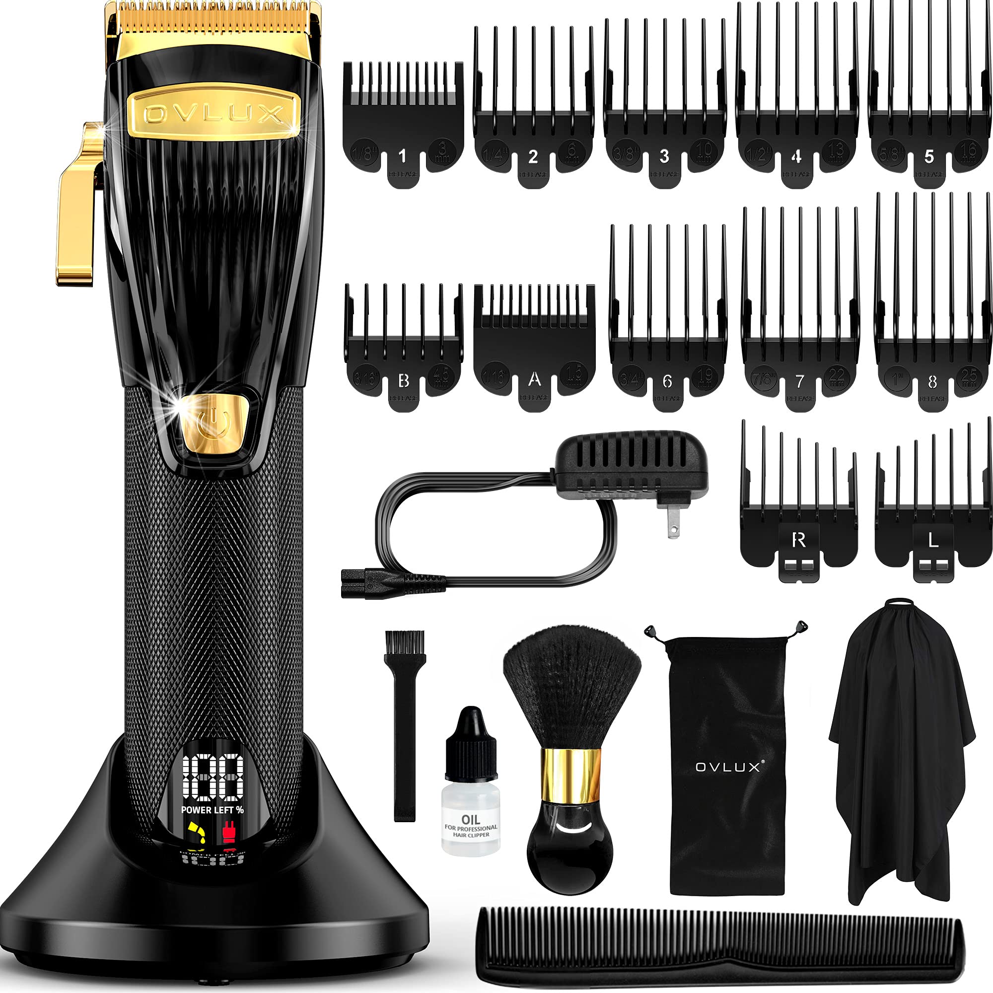 OVLUX Professional Hair Clippers for Men - Rechargeable Electric Cordless Trimmer with 12 Guide Combs, Brush, Oil, Storage Case for Professional Barbers & Beginners - Adjustable Taper Length 0.8-2mm