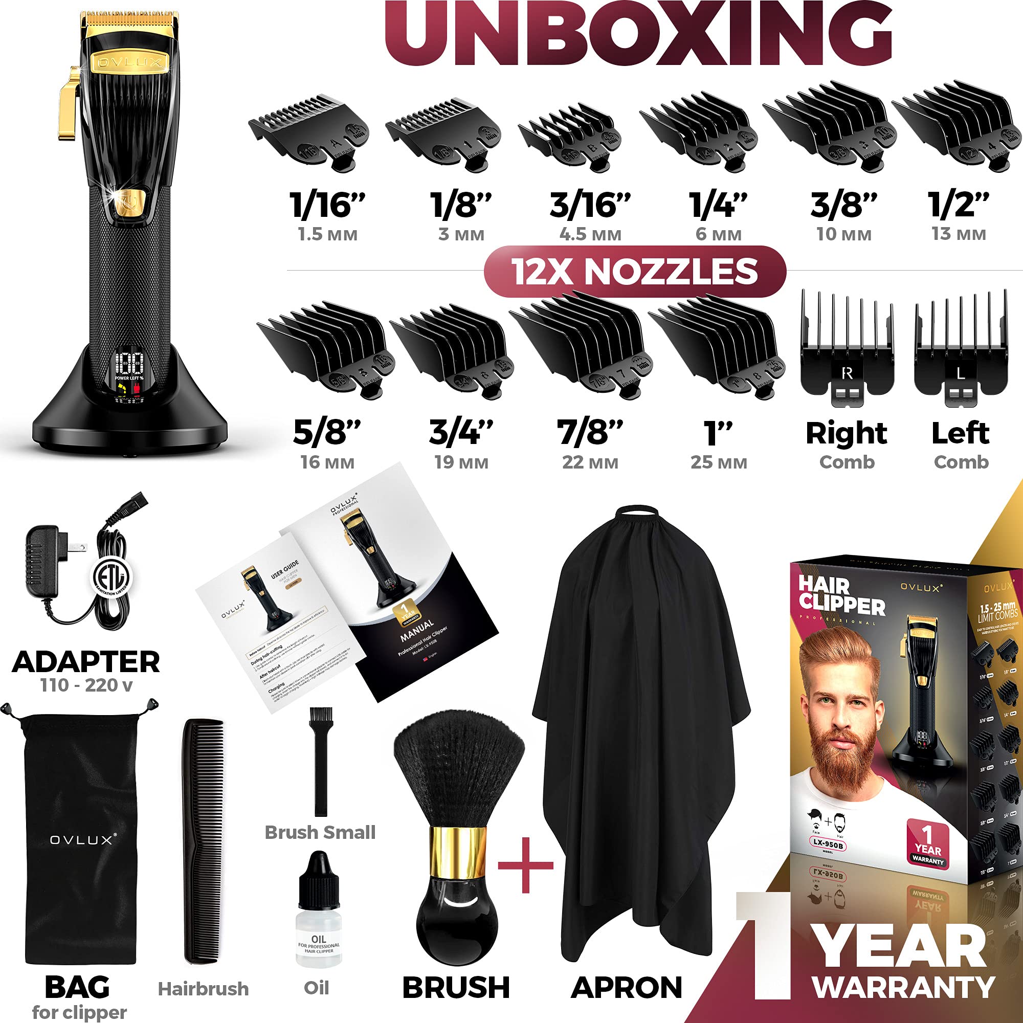 OVLUX Hair Clippers for Men Professional Clippers for Hair Cutting with Clipper Guards Full-Metal Body and Cordless Beard Grooming Kit with Charging Base, Hair Clipper for Barbers, Gifts for Men Gold