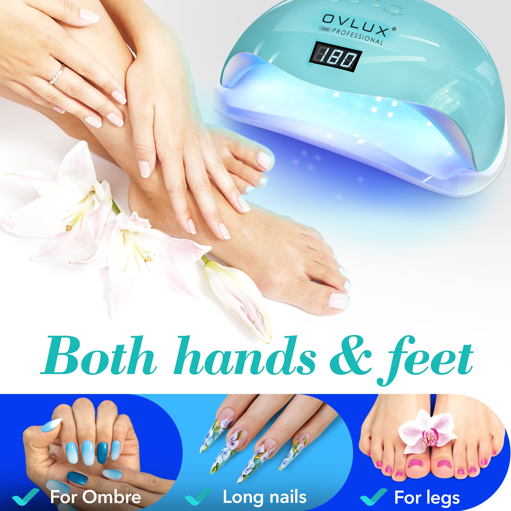 UV LED Nail Lamp 180W, Professional Nail Dryer Gel Polish Light, UV Nail Light with 57 Bulbs, 16 Files & Buffers, Nail Polish Curing Gel LED Dryer, Professional Nail Art Tools - Color Tiffany