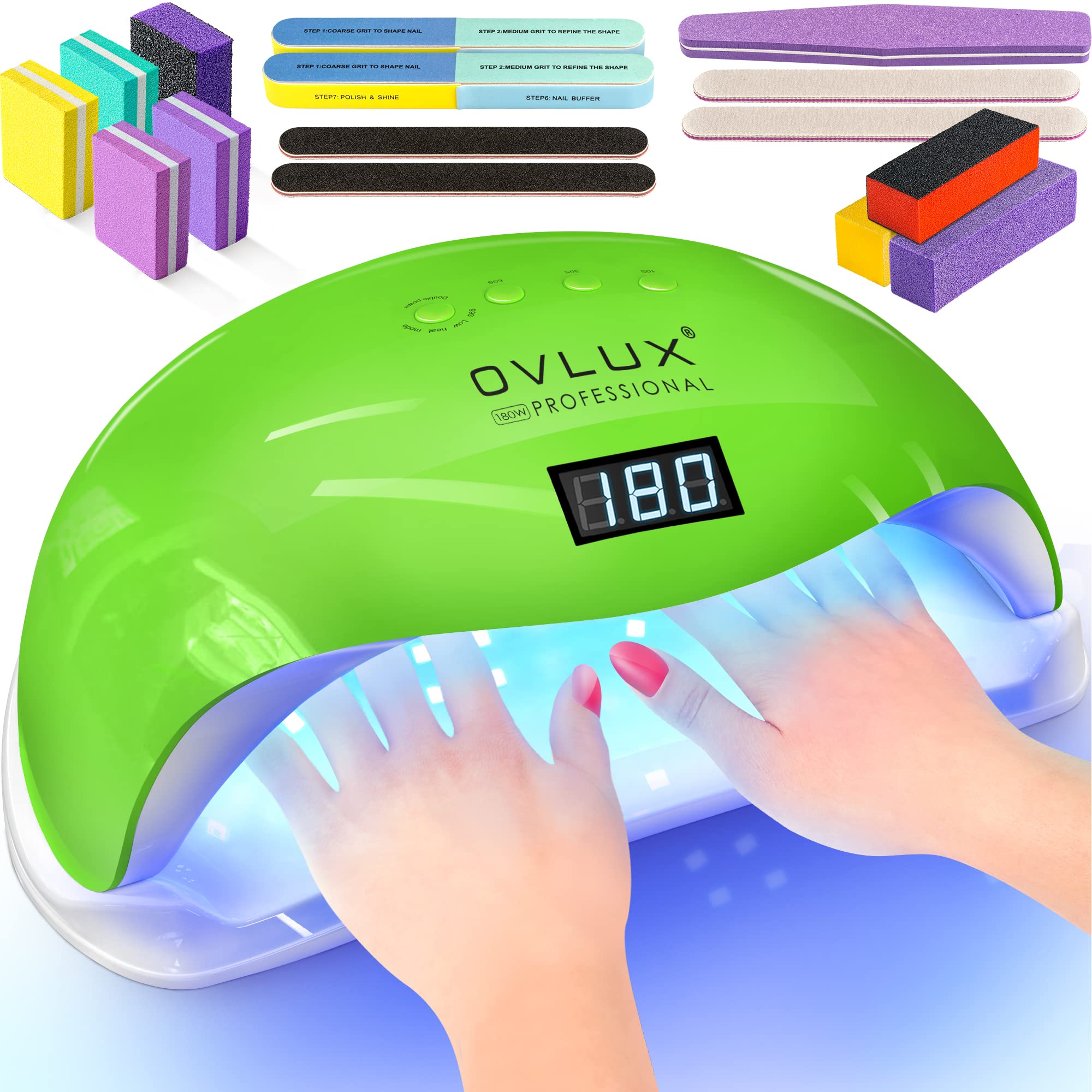 OVLUX UV LED Nail Lamp - 180W Curing Light for Acrylic & Gel Polish - Manicure & Pedicure Drying Device with 57 Bulbs, 16 Files & Buffers, 4 Timer Settings, LCD Screen, Automatic On & Off - Green