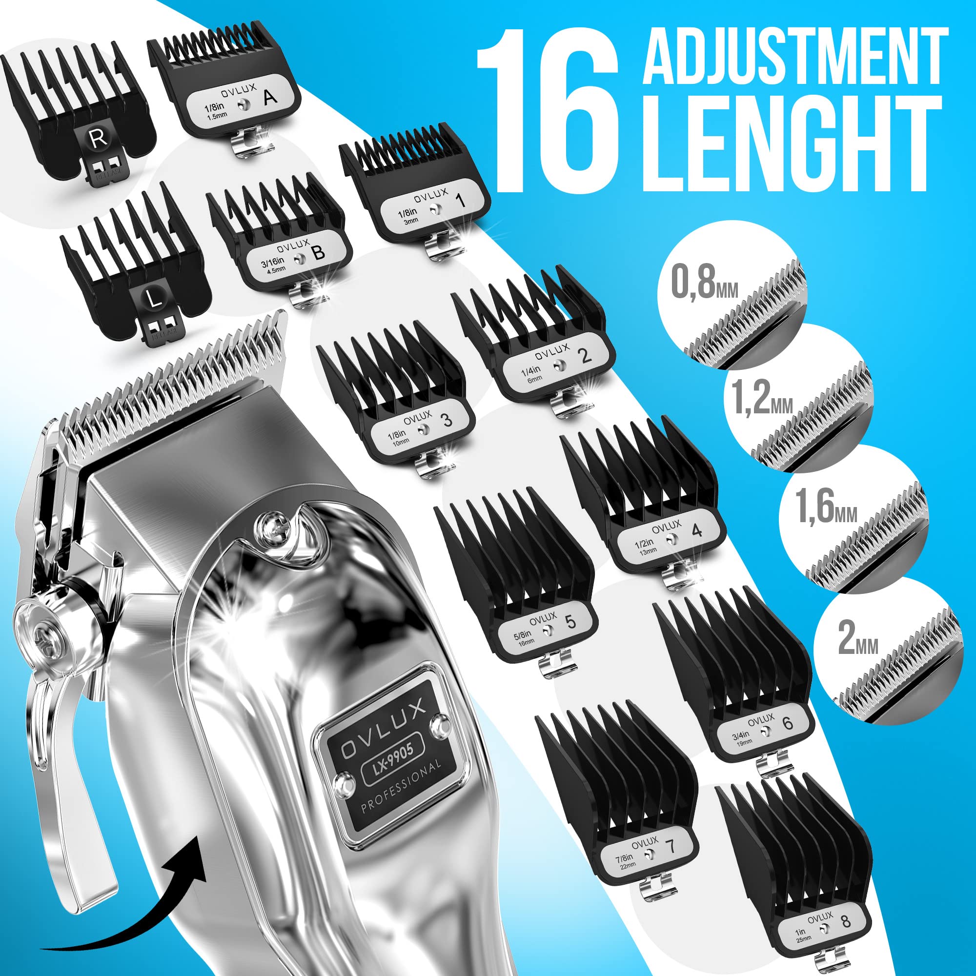 OVLUX Professional Cordless Hair Clippers for Men, Rechargeable Full Metal Beard Trimmer, Barbers Trimmer, Ideal Gift for Men, Dad - Silver.