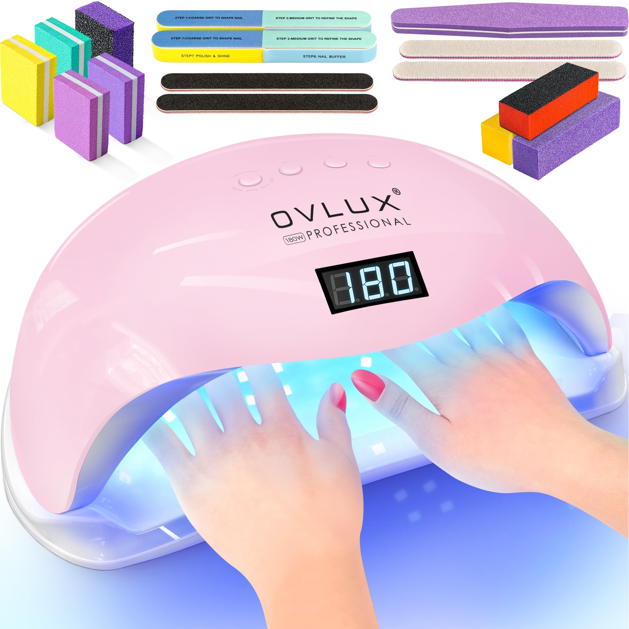 OVLUX Pro 180W UV LED Nail Lamp - Dual-Use Gel Polish Dryer with 57 Precision Bulbs, 4 Adaptive Timers, Auto-Sensor - All-in-One Mani-Pedi Solution for Salon & Home - Pink (Blushing Bride)